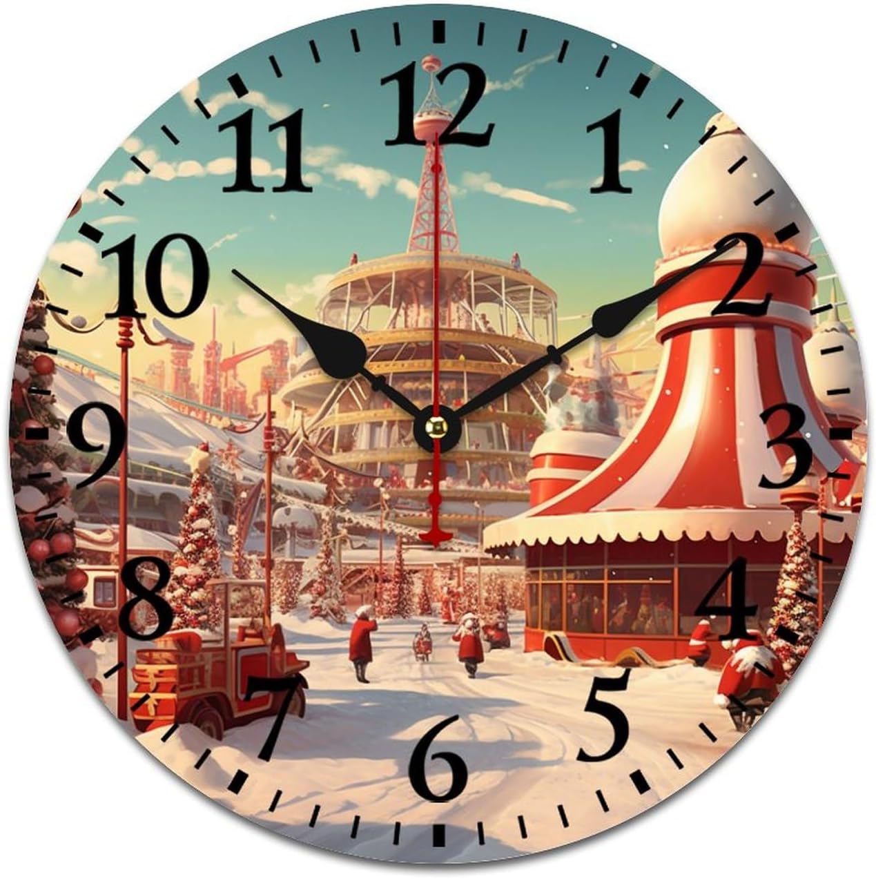 16 Inch Wall Clock Retro Santa Wonderland Home Decor Clock Silent Non-Ticking Battery Operated Arabic Numeral Xmas Rustic Winter Holiday Wood Clock Home Office School Decoration