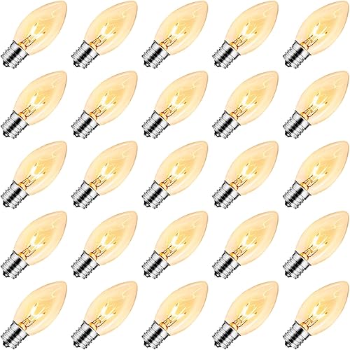 Paquete de 25 bombillas incandescentes C9, bombilla de Navidad de repuesto C9 para la tira de luces de Navidad, base intermedia E17, 7 vatios,