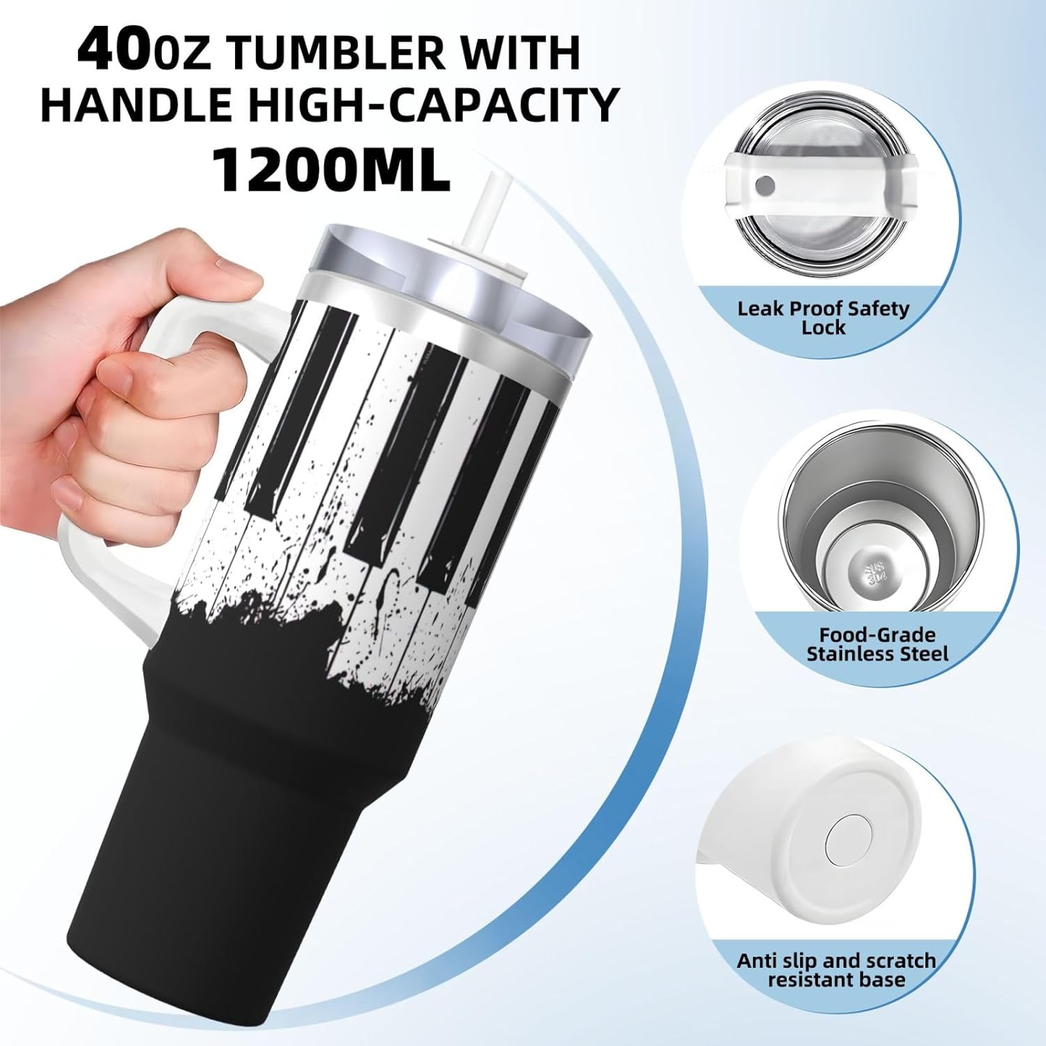 40 OZ Piano Print Ice Bully Cup with Handle Straw Lid Straw,Stainless Steel Tumbler Coffee Cup