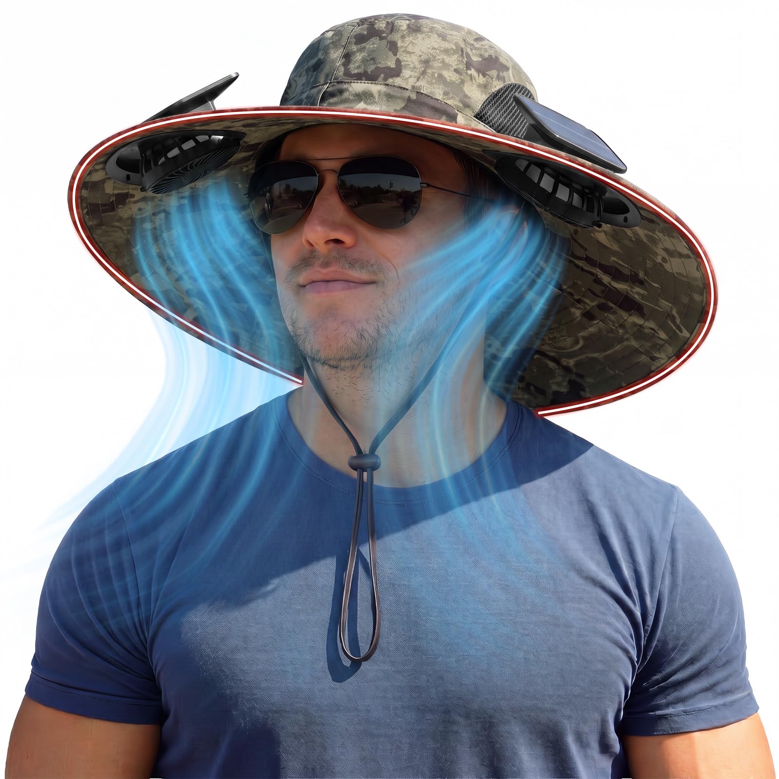 Solar Panel Powered Fan Built in Wide Brim Outdoor Fishing Sun Hat USB Charging Men Beach Essential Summer Must Have Safari Accessories Hike Equipment Camping Gear Item Necessities Things Stuff Gadget