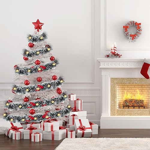 Miniatura 7 de Guirnalda metálica de oropel con punta de escarcha verde oscuro de 16.4 pies con 50 luces LED cálidas, decoración artificial de árbol de Navidad