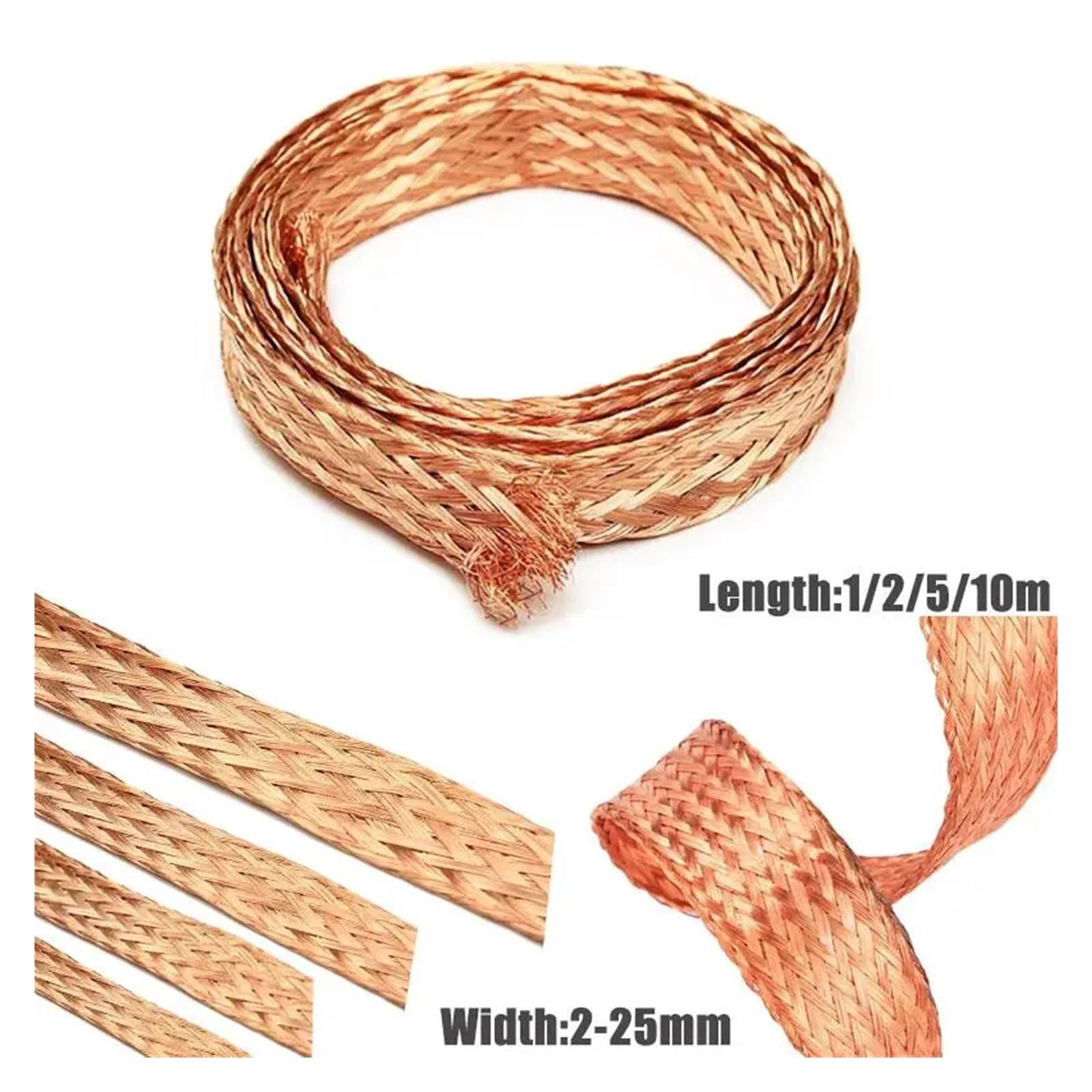 Cavo a treccia di rame puro da 10 m, anti interferenza, 25 mm, forma piatta