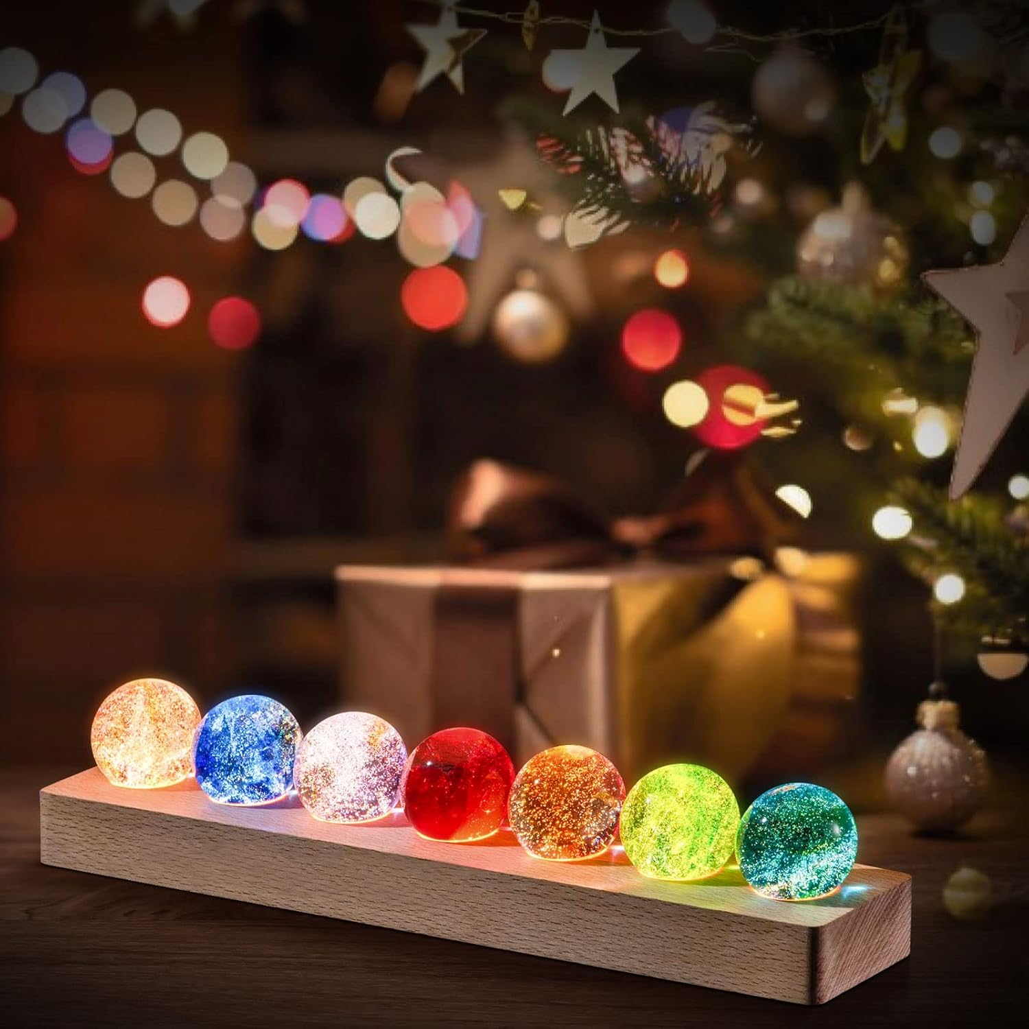 JOJOCY 7 Colors Glass Crystal Ball Light with Wood Base, 4cm/1.5in Glass Balls Colorful LED Lights Base Night Lamp Table Decorative USB Lights Positive Energy Space Meditation Lamp Great Gifts