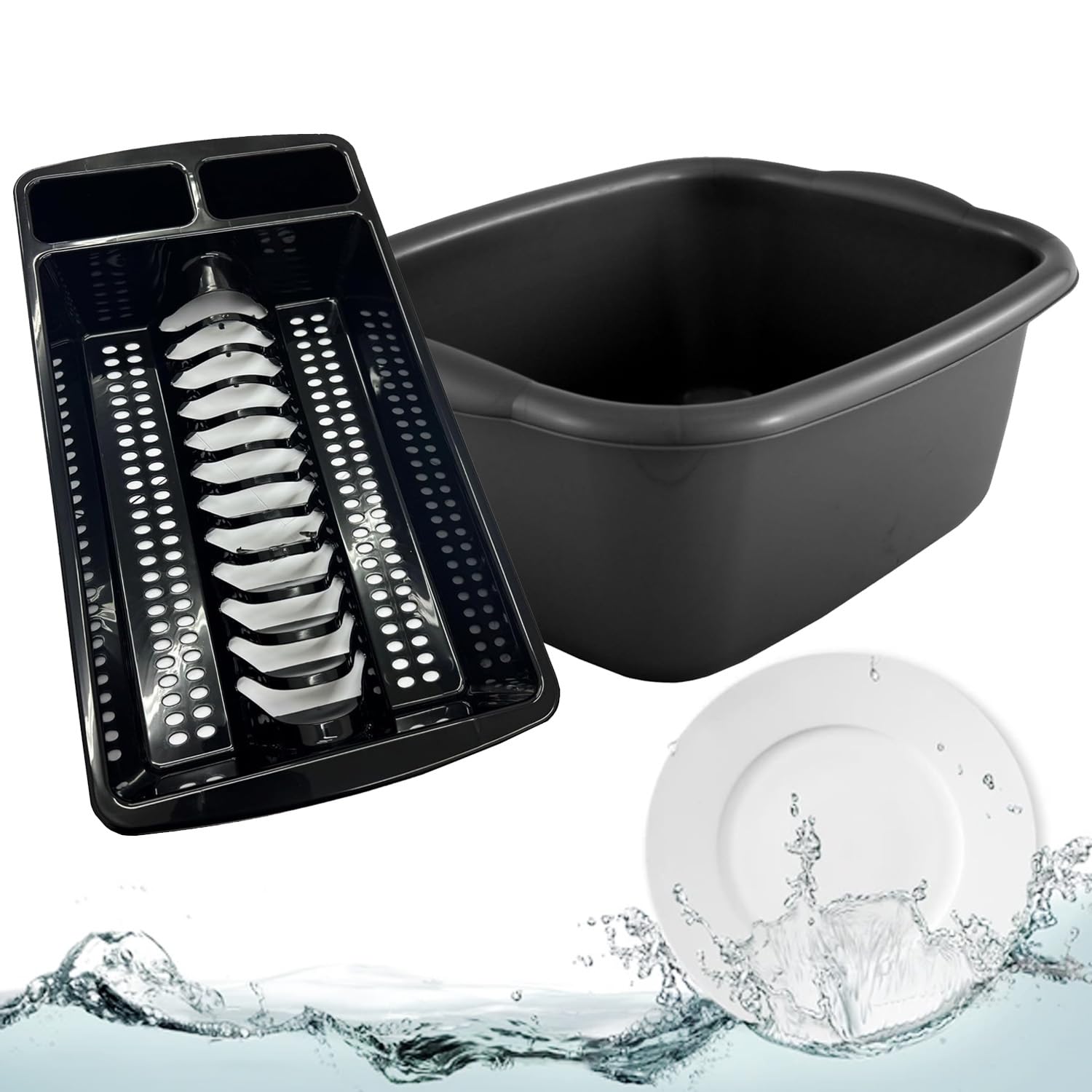 Pluto Packaging Black Plastic Kitchen Dish Drainer Rack & Washing Up Bowl Set Perfect For Sinks ( Washing Up Bowl & Dish Drainer Rack)