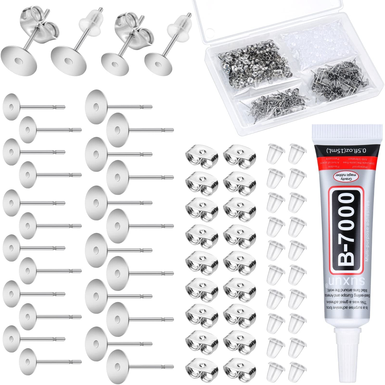 GNAFOTU 600pcs Stainless Steel Earring Posts Blanks Hypoallergenic Earring Posts and Back with Rubber Earring Backs Jewelry, with Glue for Jewelry Making Supplies Earring Findings