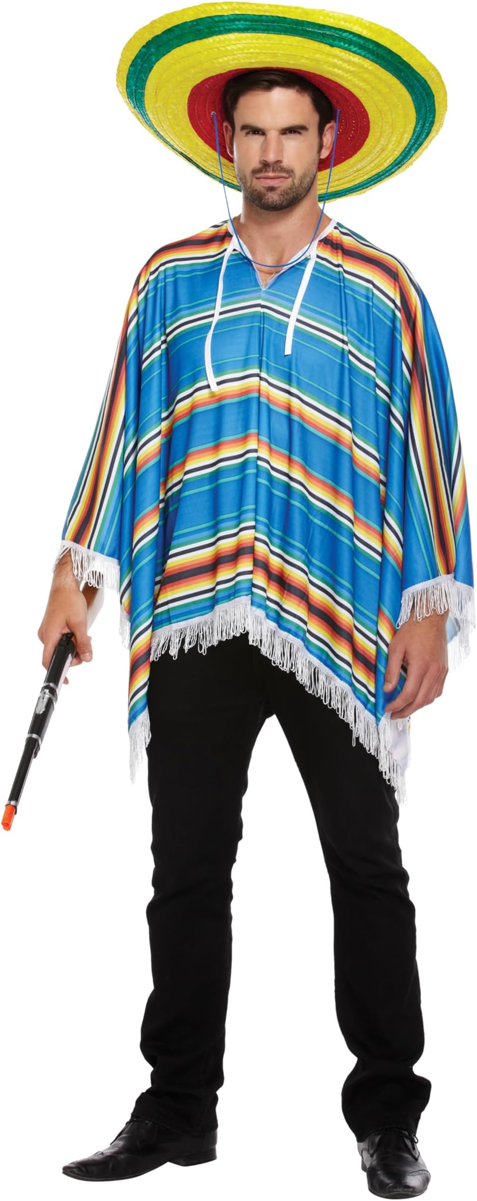 Adult Brown Cowboy or Blue mexican Poncho with Tassel Fringe Wild Western Cowboy Wandering Gunslinger Bandit Halloween Fancy Dress Costume One Size Unisex Accessory for Men and Women
