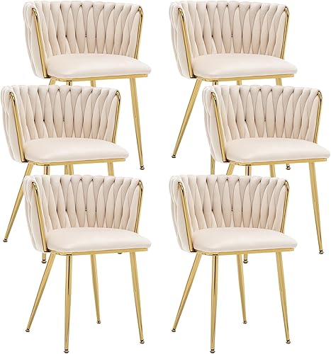 Miniatura 10 de Kiztir Juego de 4 sillas de comedor de terciopelo modernas tapizadas con respaldo tejido y patas de metal dorado para sala de estar, dormitorio,