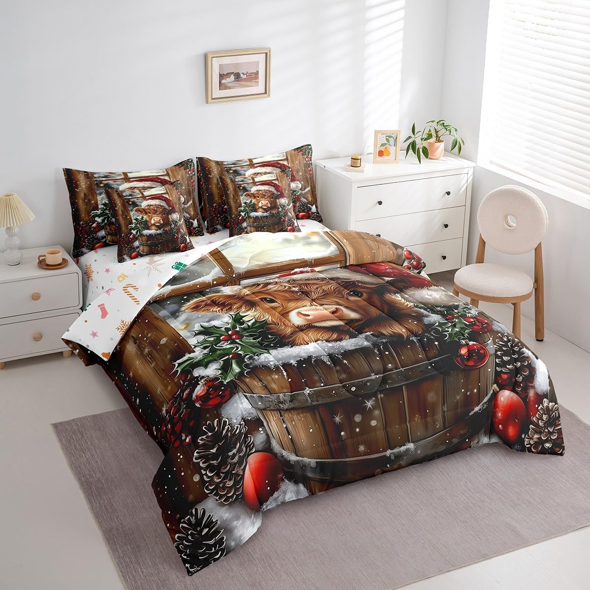 Feelyou Boys Girls Highland Cow 7 Pieces Bedding Set Queen Size, Christmas Bed in A Bag Kids Western Farmhouse Comforter Set with Sheets Wild Animal Teens Bed Set Bedroom Decor 7Pcs