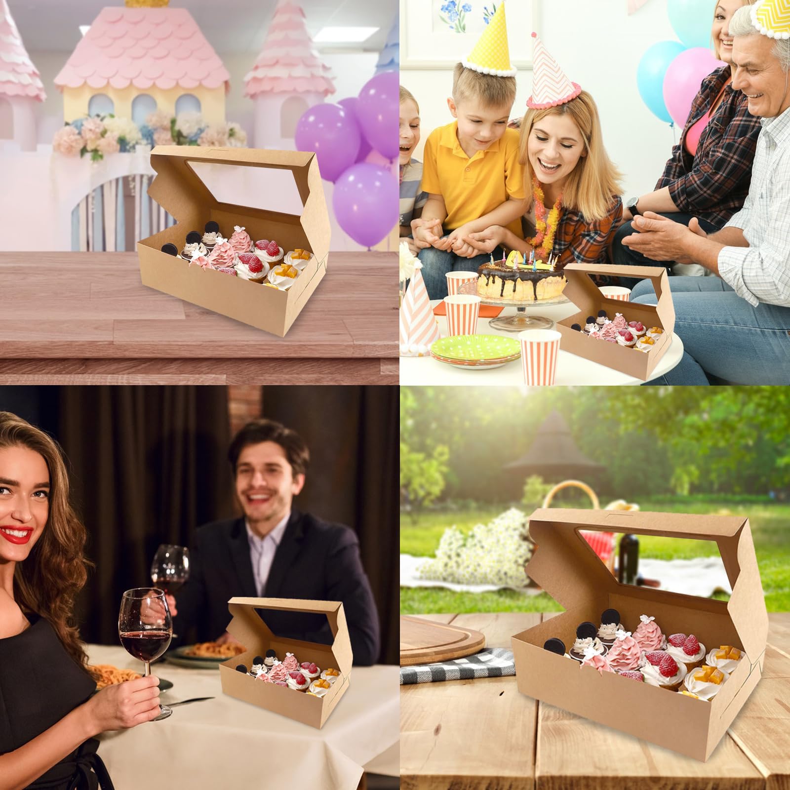 50 cajas para cupcakes de 6 agujeros, 24 x 16 x 7,5 cm, cajas para tartas con 2 rollos de cinta dorada champán de 22 m, cajas de panadería con ventana e inserción, contenedor para magdalenas de