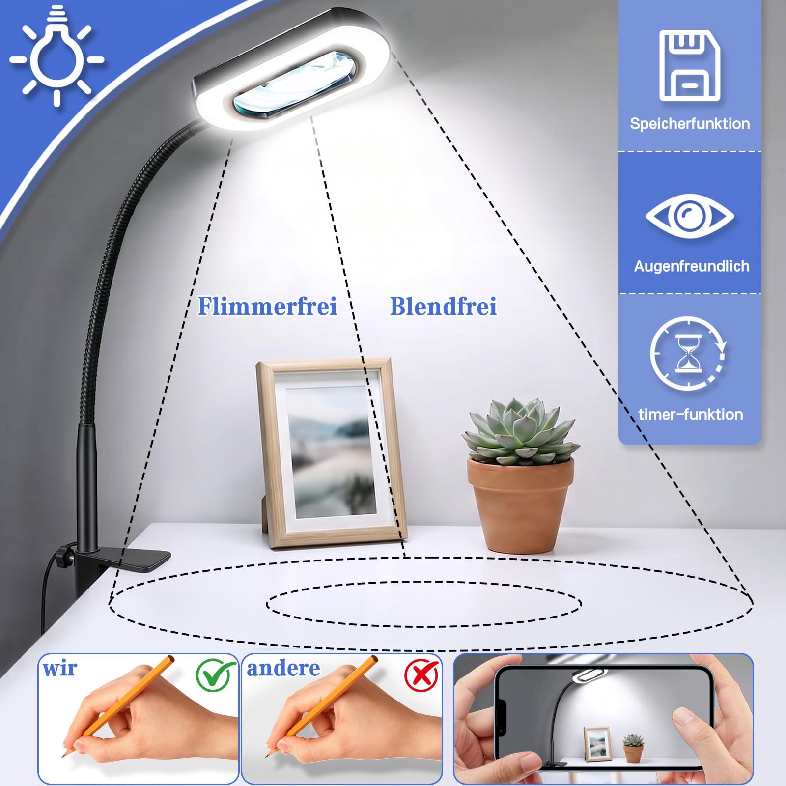 10-fache rechteckige Lupe mit Licht und Ständer & Aluminiumklemme,5 Farbmodi,stufenlos dimmbar,Flexibler Schwanenhals–Diese Lupenlampe ist ideal für Lesen und Diamond Painting