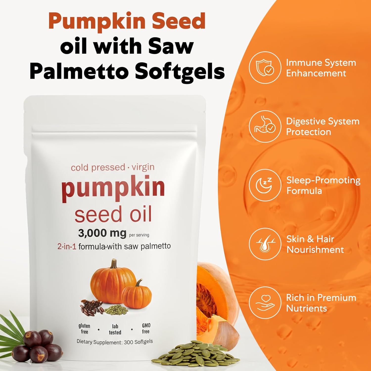 Pumpkin Seed Oil Capsules with Saw Palmetto 300 Softgels | 2-in-1 Formula 3000mg | Cold Pressed Pure Virgin Oil for Hair, Prostate & Bladder Health | Immune Support, Urinary Wellness | Vegan, Non-GMO - Image 2