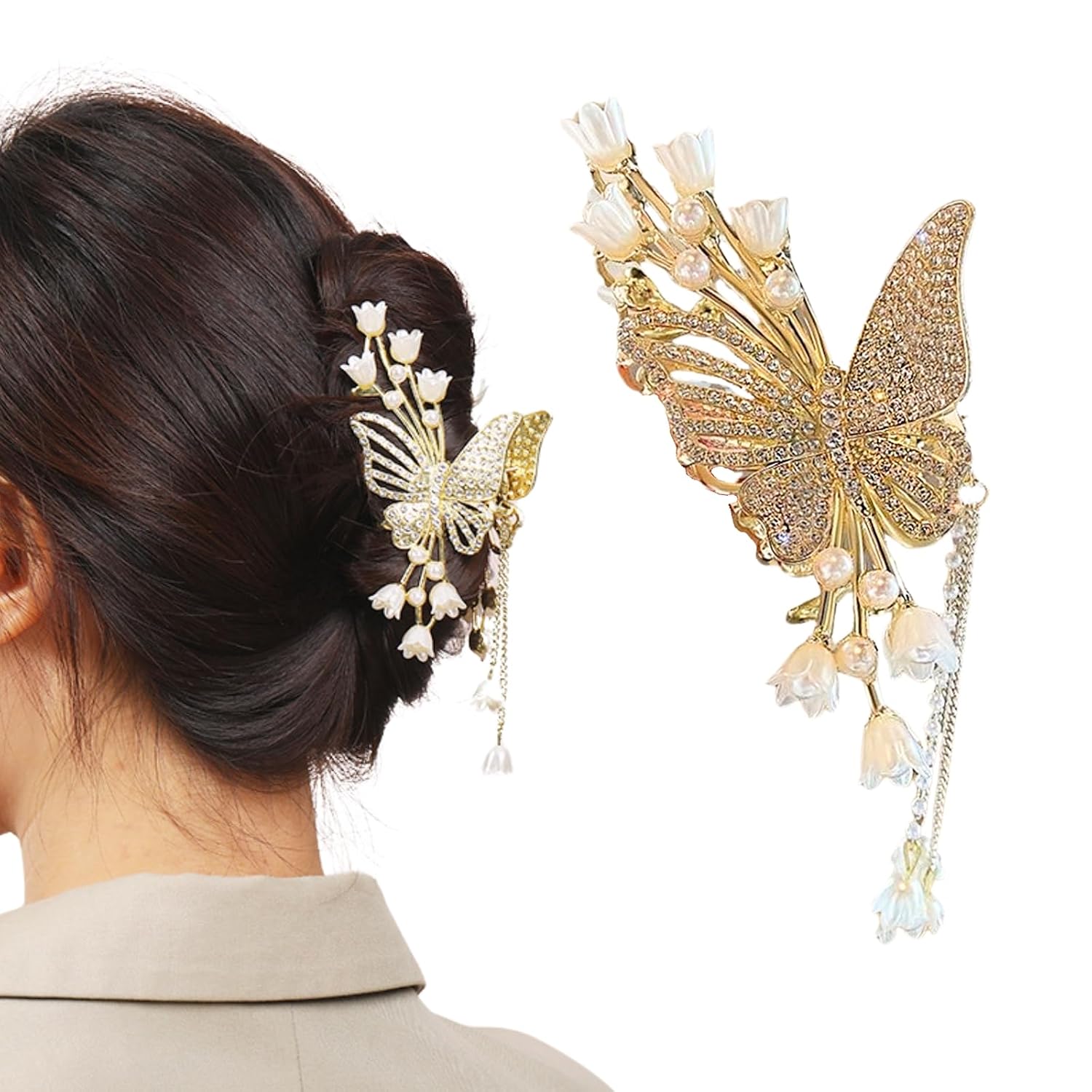 Gold Butterfly Hair Claw Clips Pearl Chain Tassel Rhinestone Butterfly Flower Hair Clips Tassel Nonslip Clamps Hair Accessories for Women (Crystal Butterfly Lily of the Valley Tassel A)