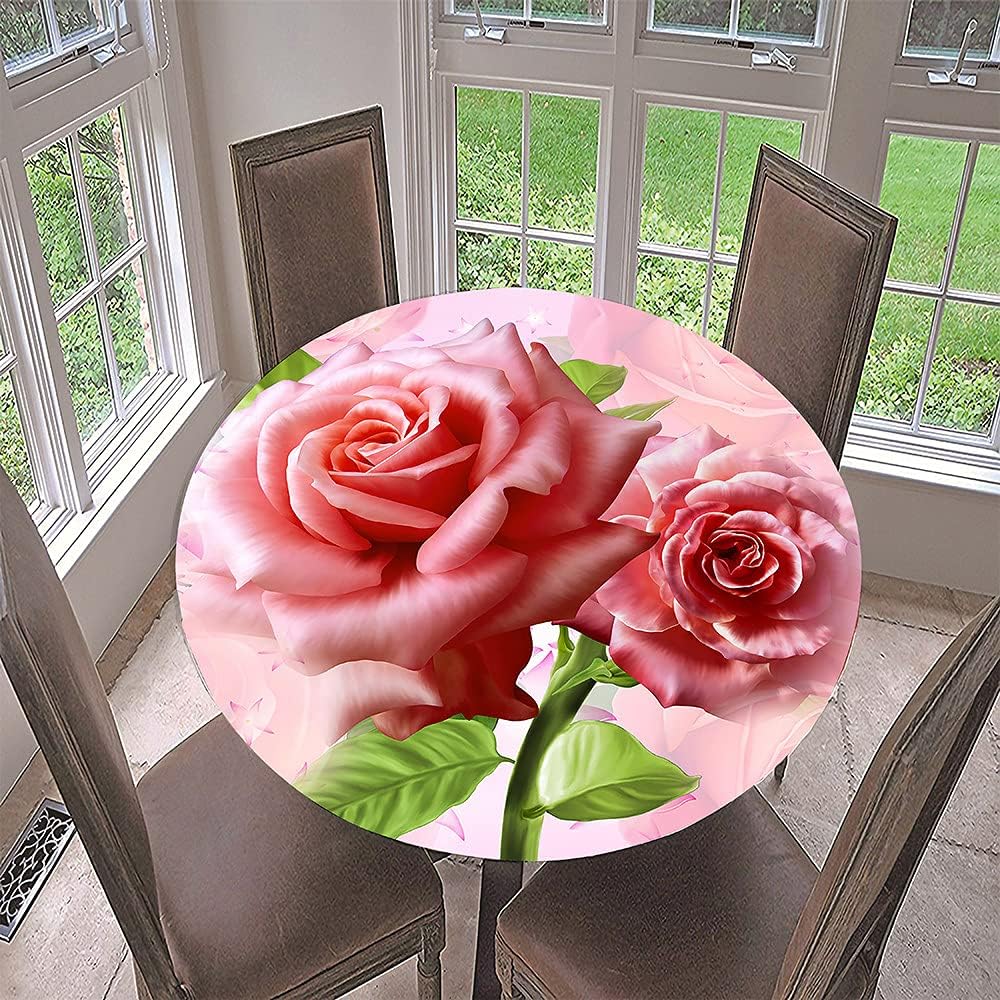 ChickwinRound Fitted Tablecloth with Elastic Edge, Wipeable Table Cloth Stain Resistant Tablecloths, Rose Flower Table Cloths for Camping, Indoor Outdoor (Pink Rose,Diameter 27.6")