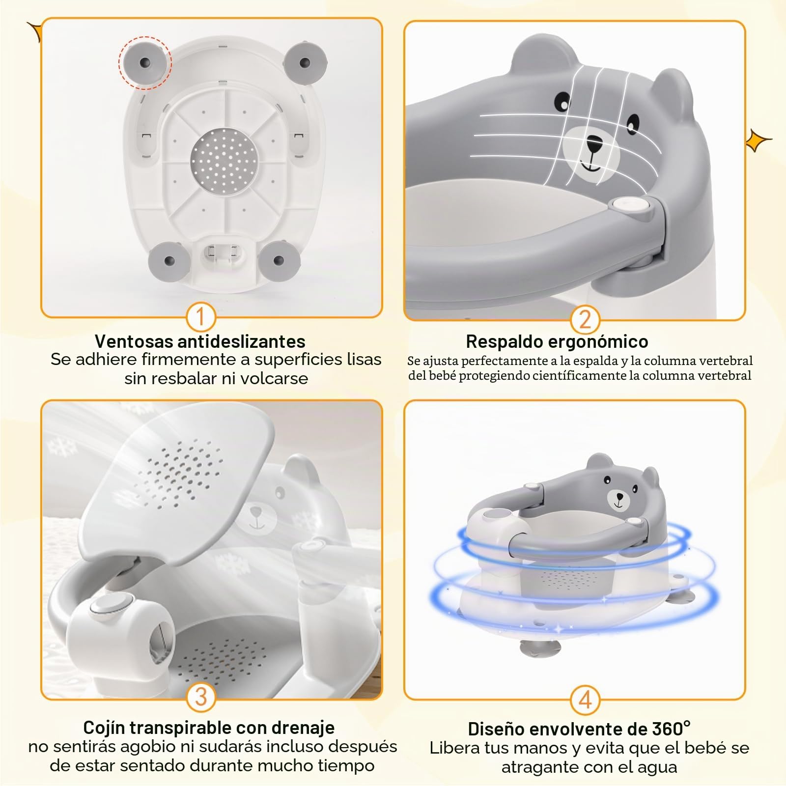 Asiento de Baño para Bebé 6-24 Meses, Silla Baño Bebe con 4 Fuertes Ventosas, Respaldo Ergonómico, Barra de seguridad, Antideslizante y Cómoda, Regalo para Recién Nacidos y Nuevas Madres(Gris)