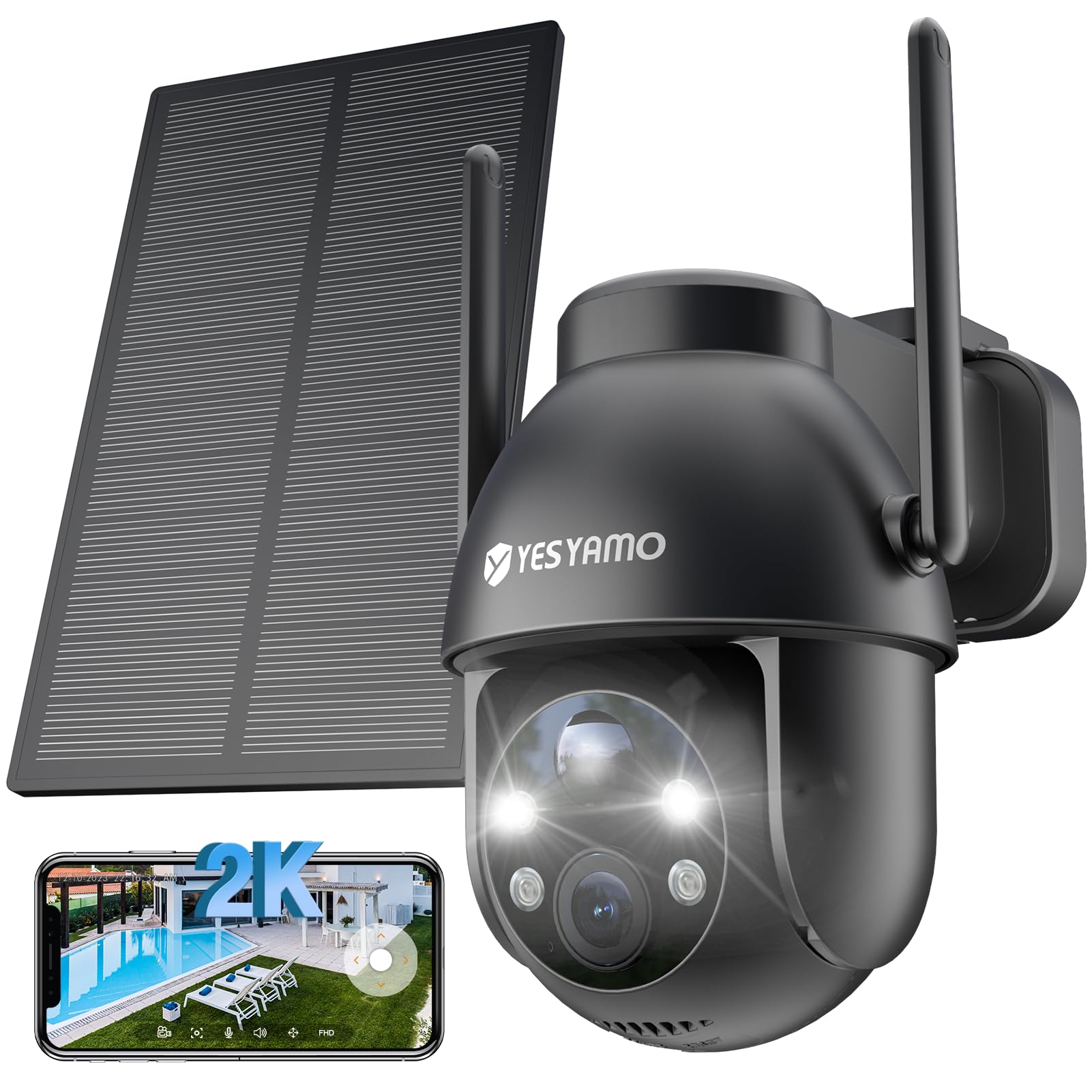 YESYAMO 2K Camera Surveillance WiFi Exterieure sans Fil Batterie | Panneau Solaire Amovible, 360° PTZ, Camera Exterieur Solaire(2.4G), Vision Nocturne Couleur, Détection de Movement, IP66