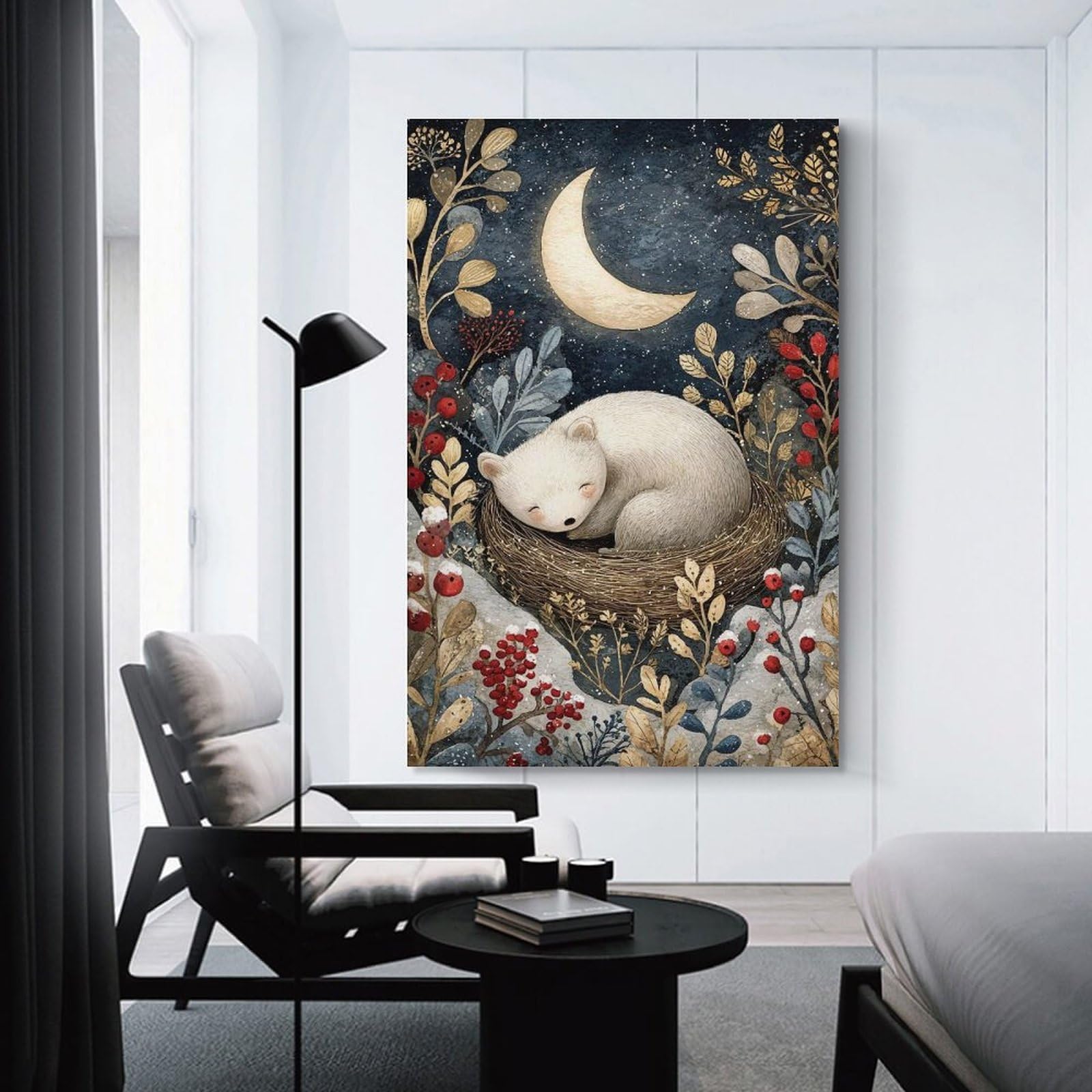 Junmoney Sleeping Bear Cub Under Crescent Moon Hanging Wall Art, 20x30inch(50x75cm), for Entrance Walls, Hall Decor Or Foyers, Wall Decor to Refresh Empty Corners