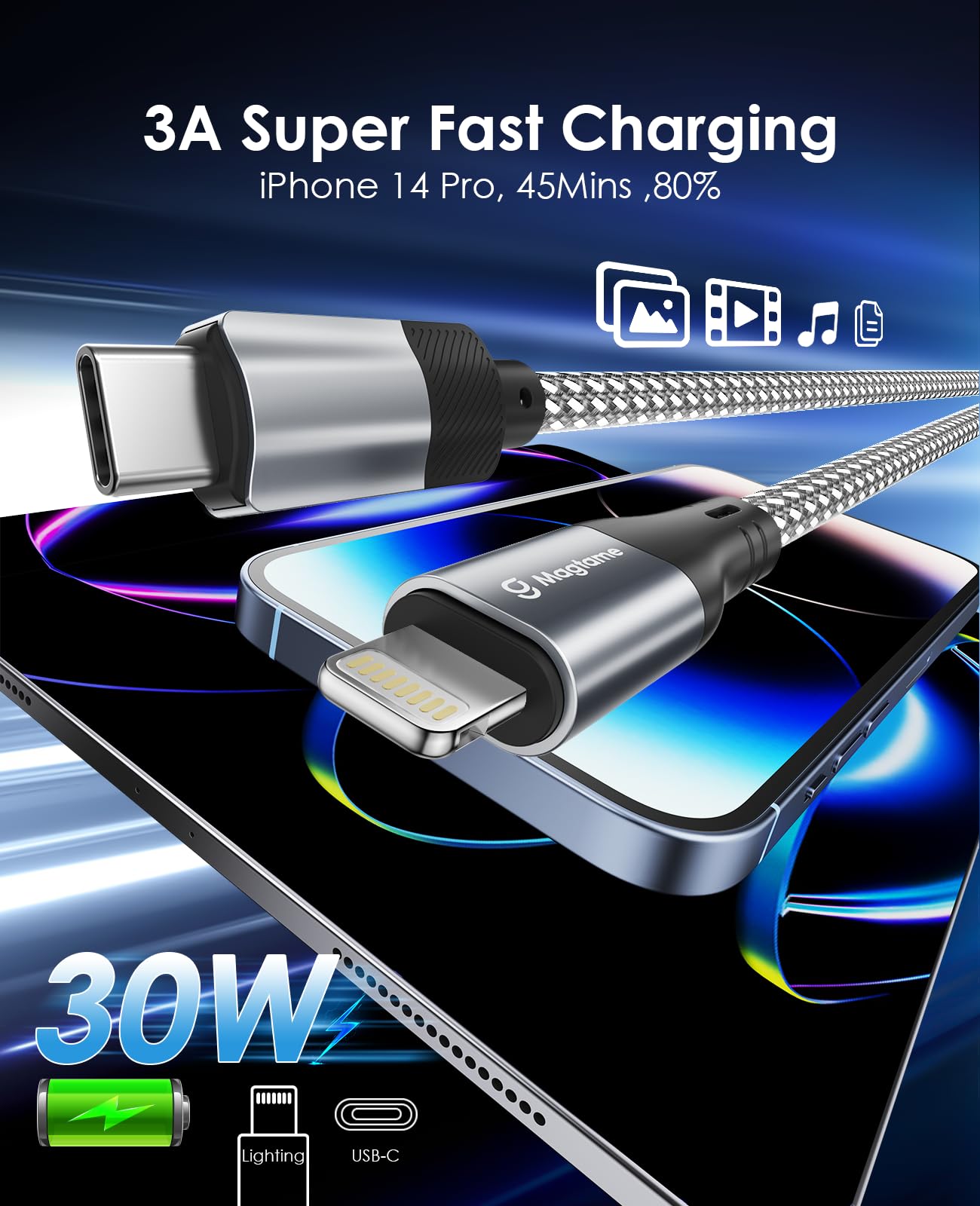 Cavo Magnetico USB-C To Lightning - Ricarica Rapida 3A, Certificato MFi, Perfetto Per IPhone