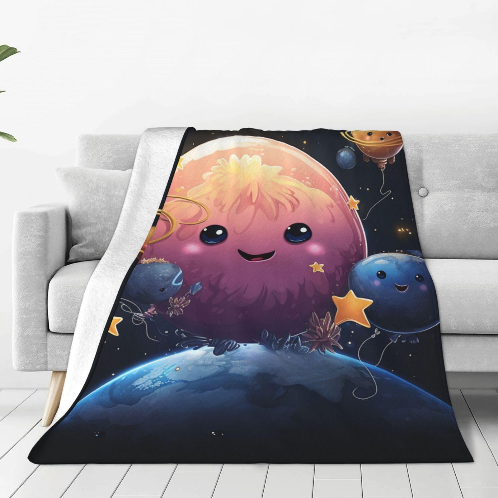 Couverture en micro polaire Cute Planet - Grand plaid lit et canapé ultra doux de 203x152 cm