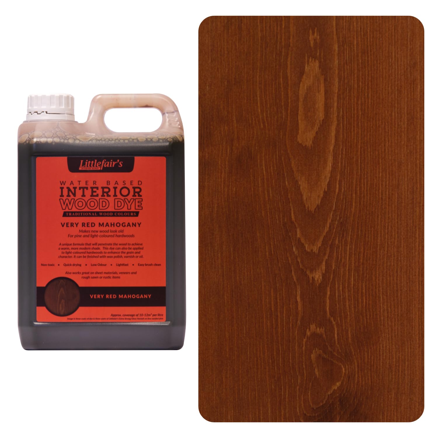Wood Stain Water Based - 170oz/5ltr - Indoor Furniture Stain Light & Dark Finishes - Special Non Toxic & Eco Friendly Formula - Wood Stain for Crafts - Color: Very Red Mahogany