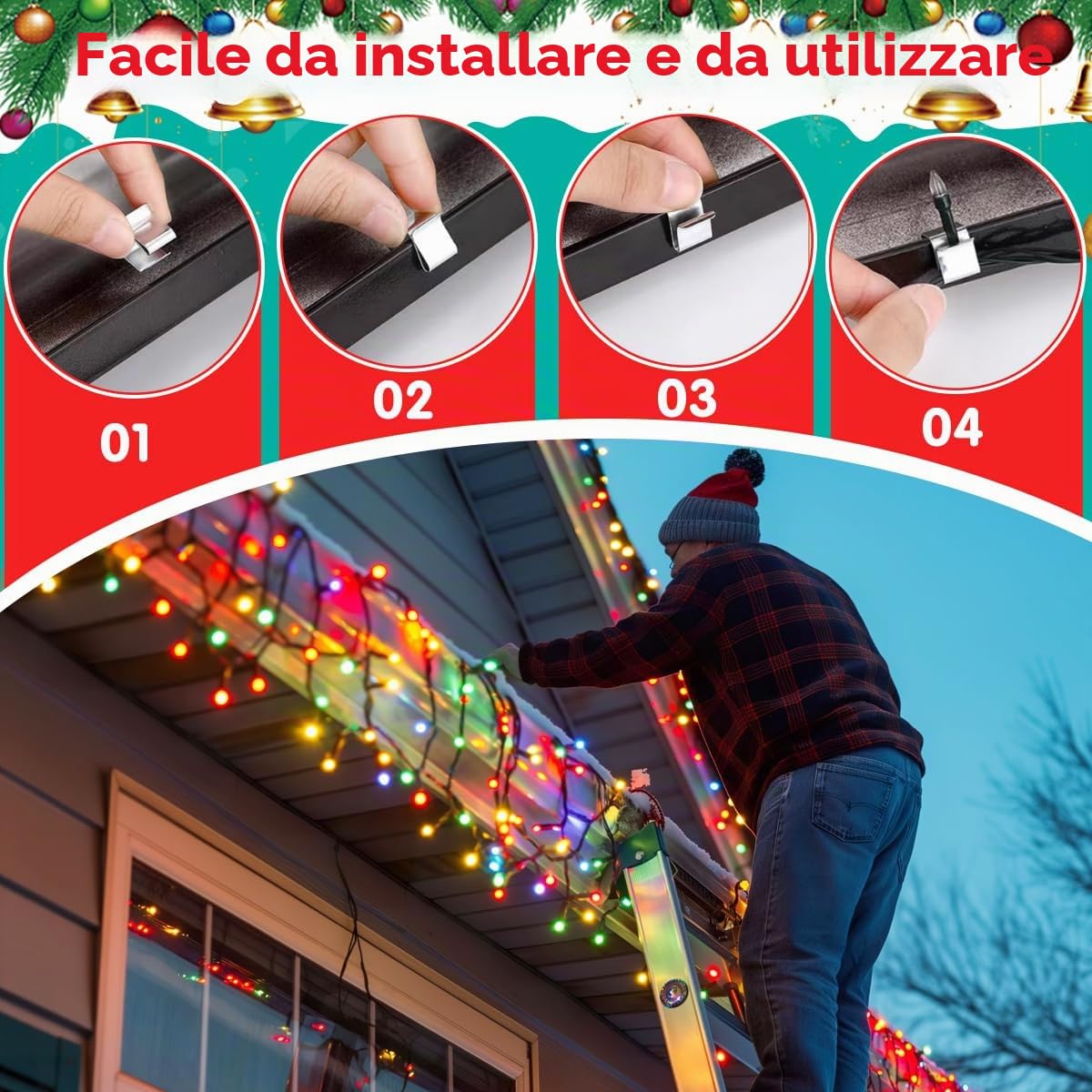 Ganci per Grondaie Luci di Natale in Acciaio Inossidabile 120 Pezzi, Clip per Luci Esterne