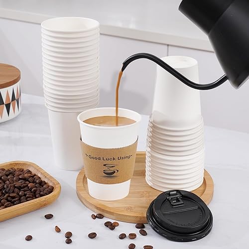 Miniatura 5 de Lamosi Paquete de 60 tazas de café desechables de 12 onzas con tapas y mangas, tazas de café con tapas, tazas de papel blanco con fundas aisladas de