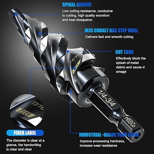 Miniatura 5 de M35 - Juego de brocas de cuatro pasos de flauta en espiral, 14 a 34 pulgadas (9 tamaños), vástago hexagonal de 14 de pulgada, broca escalonada de