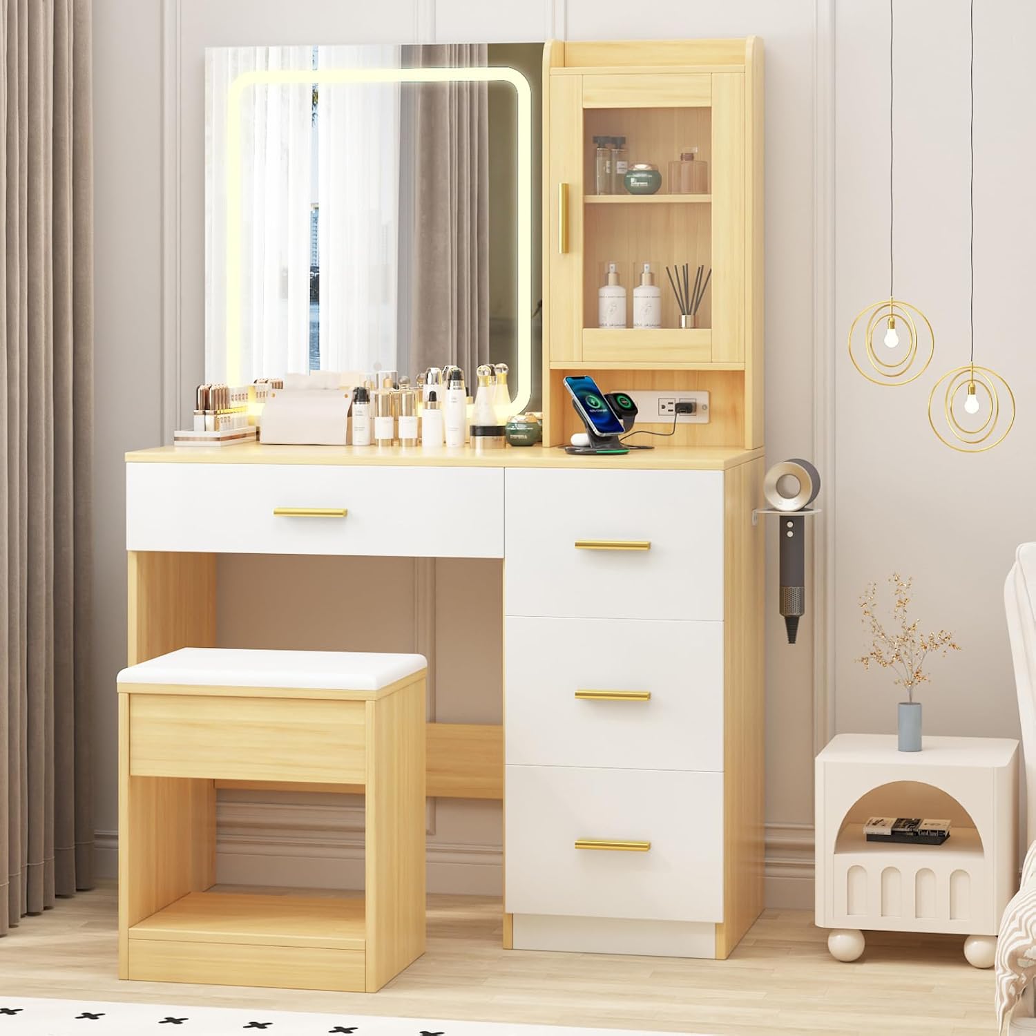 Vanity Desk with Mirror and Lights,Modern Makeup Dressing Table with Built In Outlets, Storage Stool,4 Drawers & Hair Dryer Holder,Vanities with 3 Colors LED Vanity Mirror,37*15.75*55.12 Inch