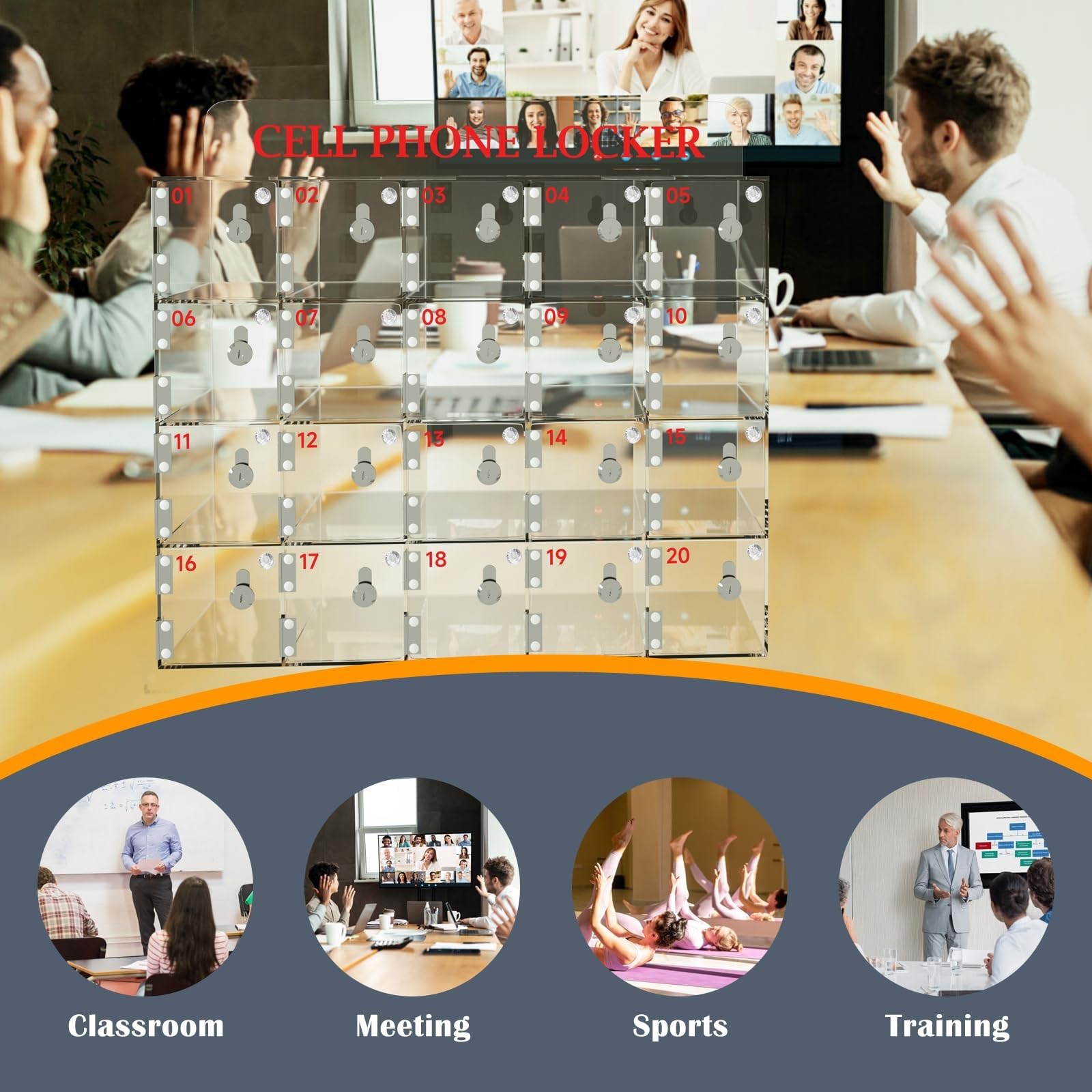 SDdPulse Armadietto per telefono in acrilico trasparente con 12/20 slot a parete con chiave, per telefoni, pratico e sicuro per aule, uffici e sale conferenze, sicuro e solido, 20 slot