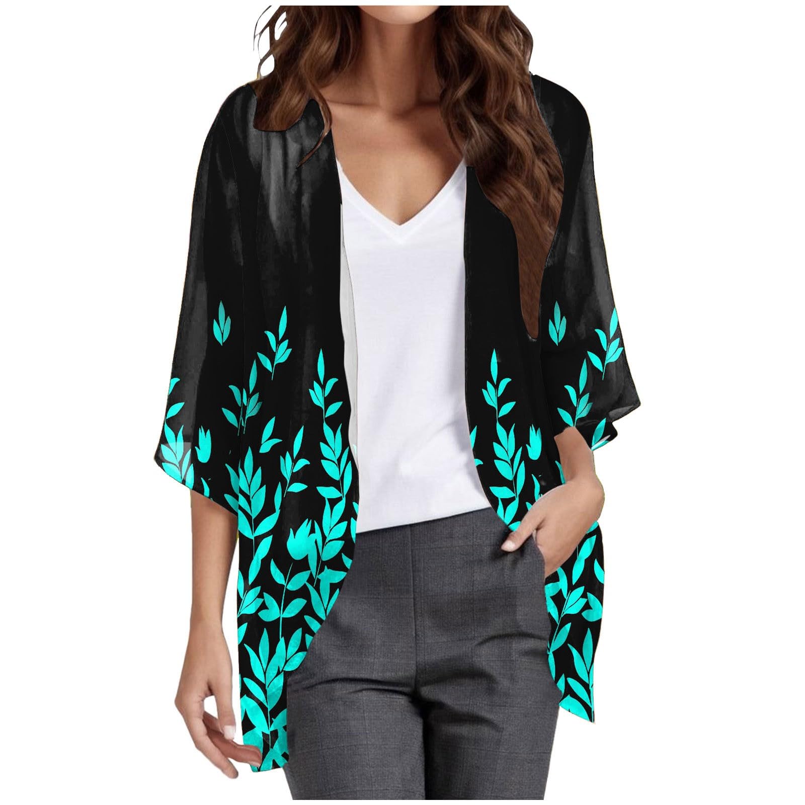 Generic Cárdigan de gasa para mujer, con frente abierto, estilo kimono, estampado floral, mangas tres cuartos, transparente, suave, talla grande, suelto, verano, playa, fiesta, vacaciones