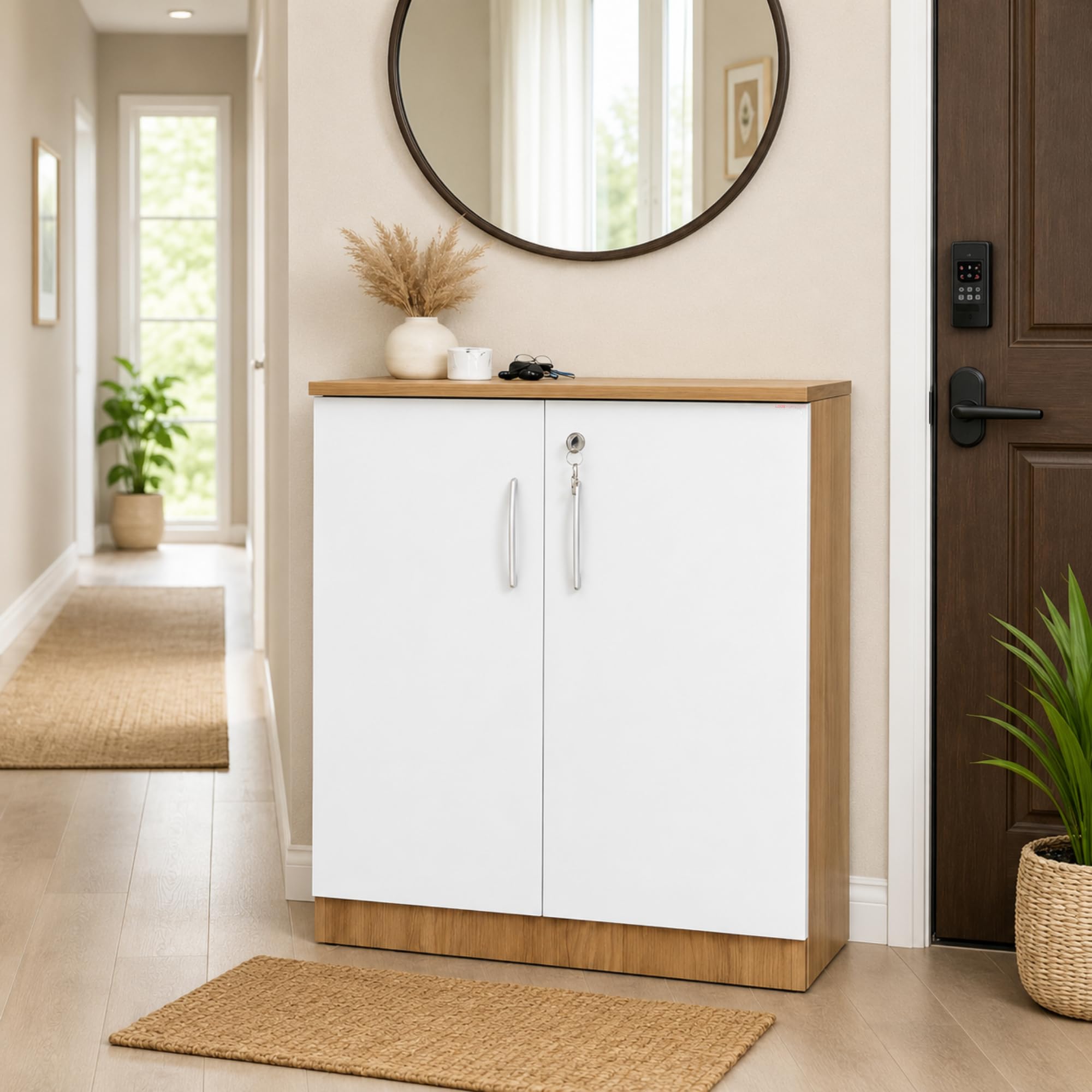 2 Door Wooden Storage Cabinet | White & Wood Finish Engineered Wood Multipurpose Lockable Cupboard with Multi Storage Shelves | Freestanding Organizer for Shoes, Kitchen, Living Room & Office-image-37