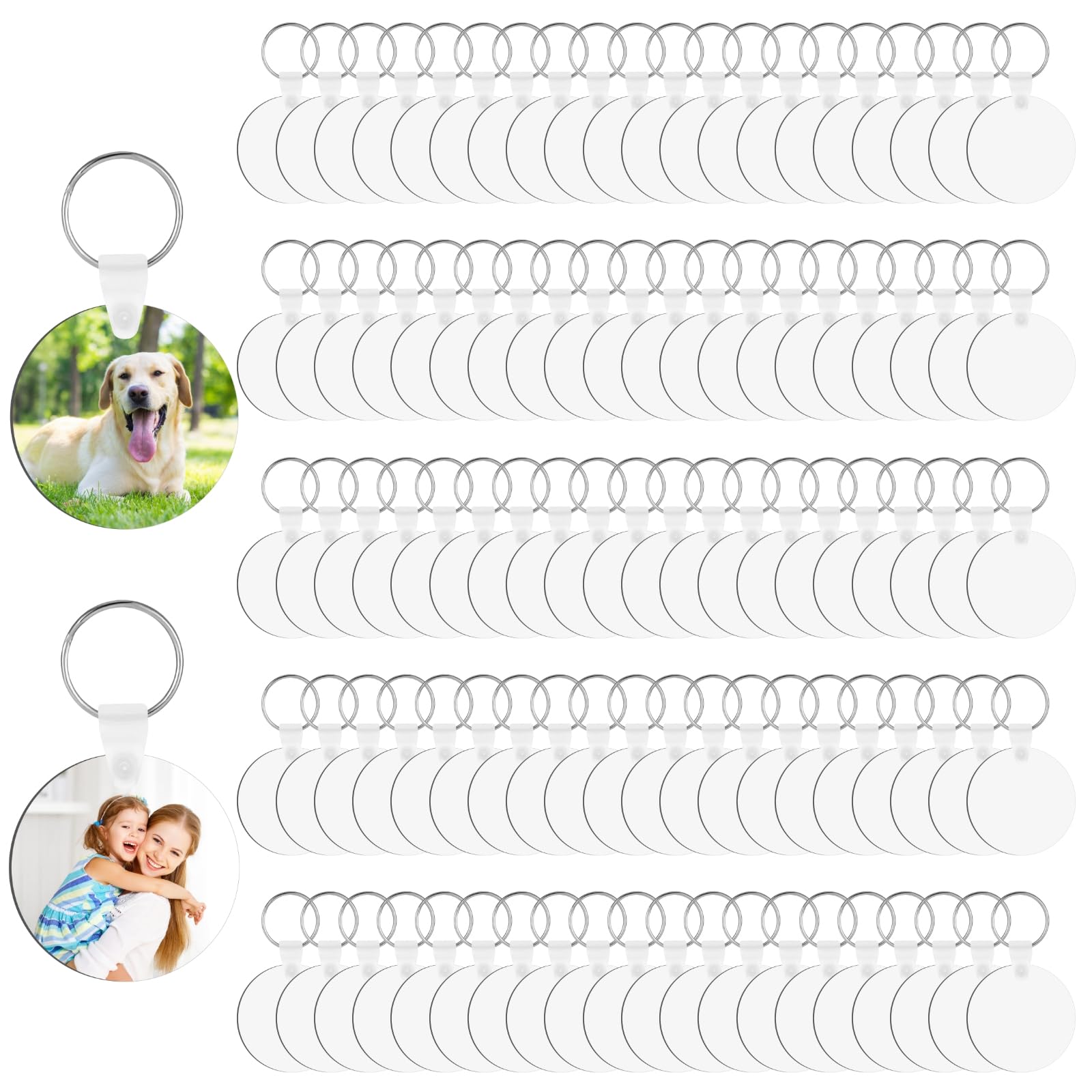 Portachiavi componenti, 100 set di portachiavi rotondi a sublimazione, dischi in MDF a doppia faccia per trasferimento di calore fai da te, regali personalizzati, include clip e 100 portachiavi