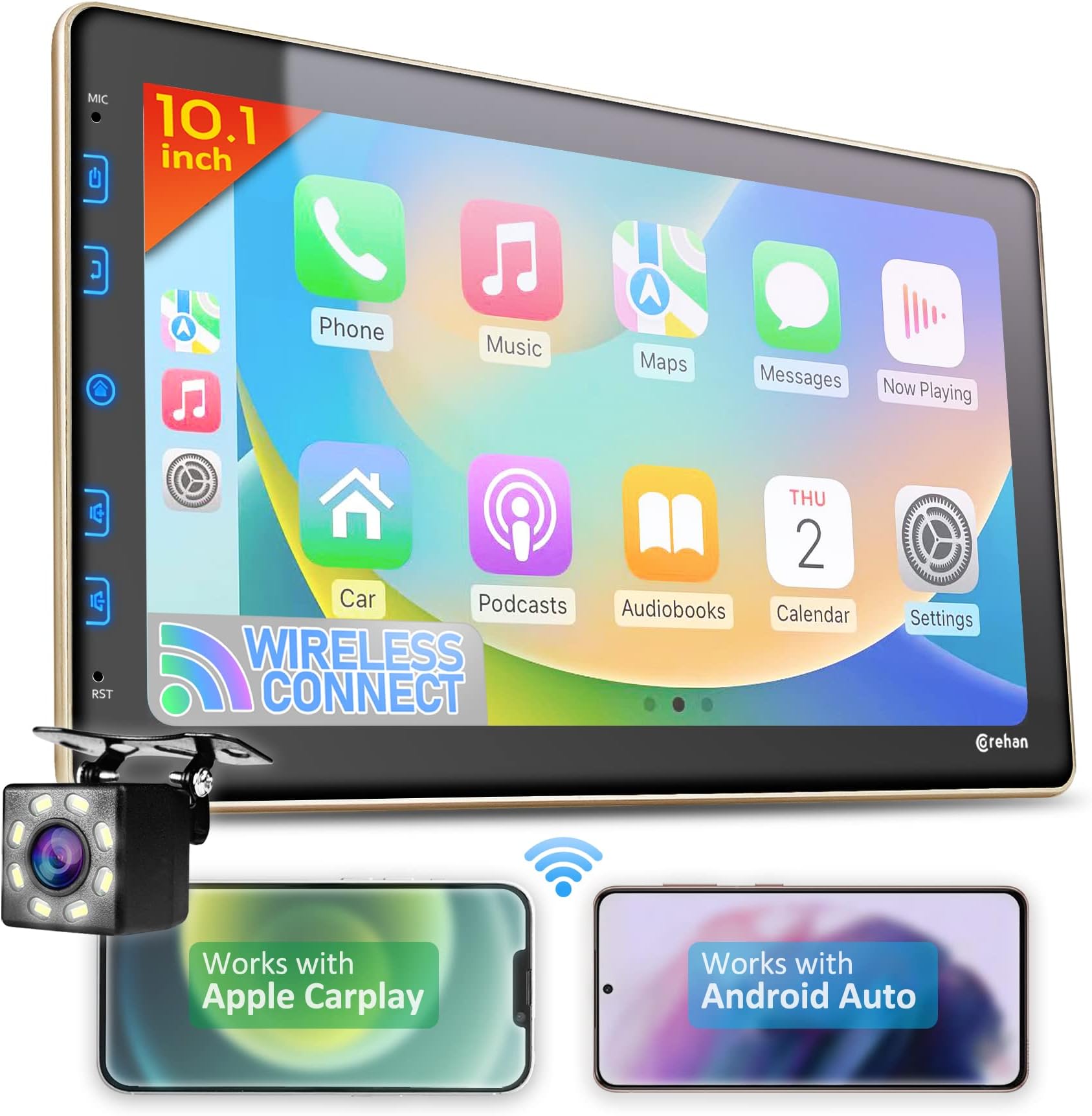 Double Din Car Stereo - Corehan 10 inch Touchscreen Car Radio Bluetooth Multimedia Player with Backup Camera Compatible with Wireless Carplay, Wireless Android Auto, Mirror Link