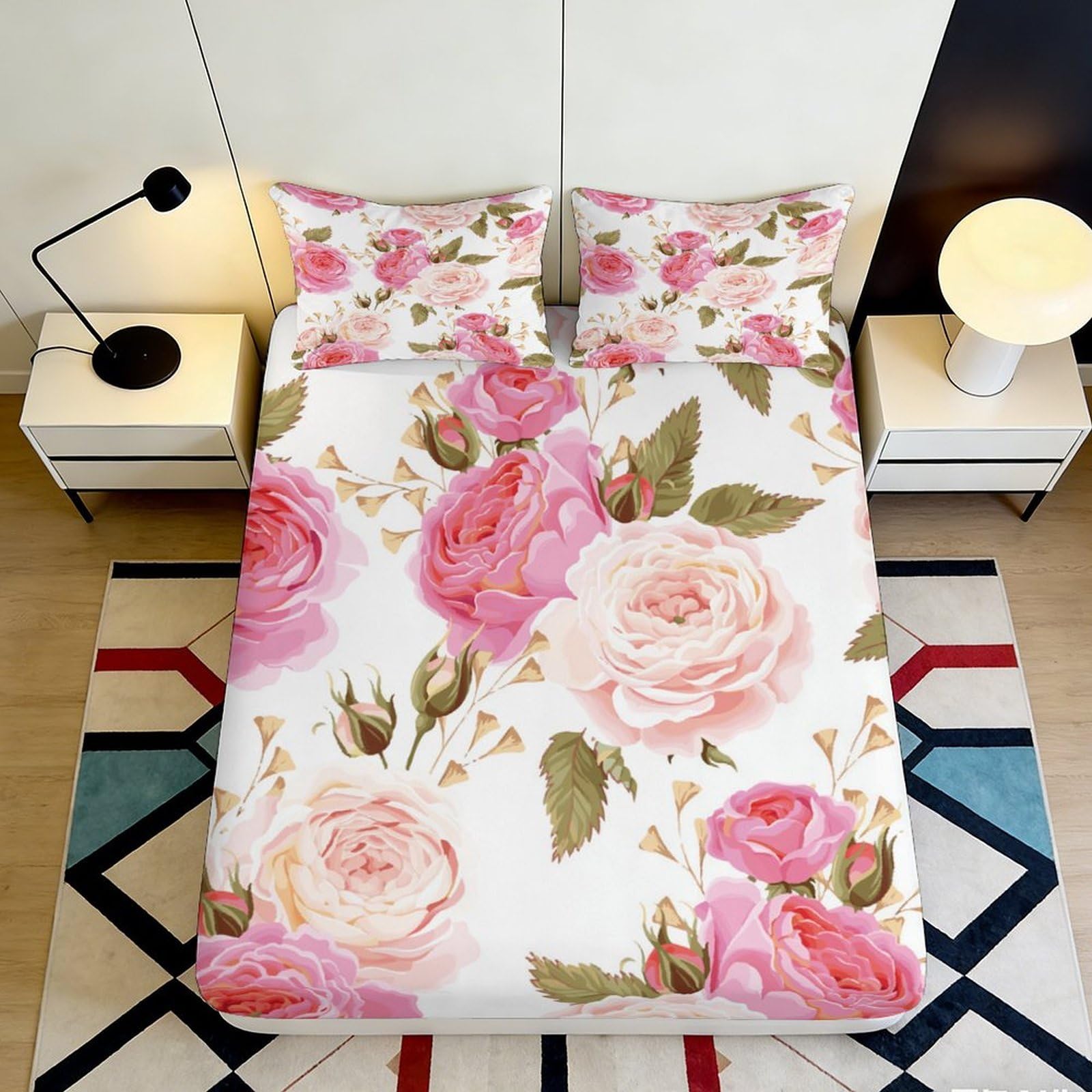 Jqzkxnhpbr Style-1 3D Printed Pink Rose Blossom Fitted Sheet Microfiber Soft Floral Mattress Cover Bedroom Decor Machine Washable 90X200x25cm