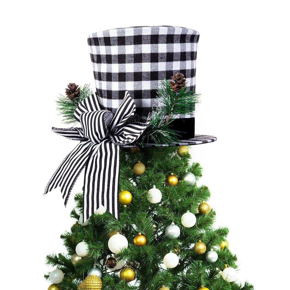 Topper de árbol de Navidad retráctil Sanfly con diseño de sombrero a cuadros y lazo grande