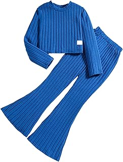 Conjunto de 2 piezas de sudadera de manga larga de color liso y pantalones acampanados para bebés y niñas pequeñas