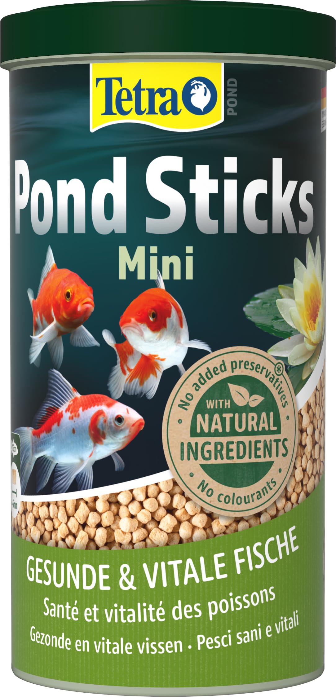 Tetra Pond Sticks Mini, Alimento para peces de estanque pequeños, para peces sanos y agua clara en el estanque del jardín, lata de 1 L