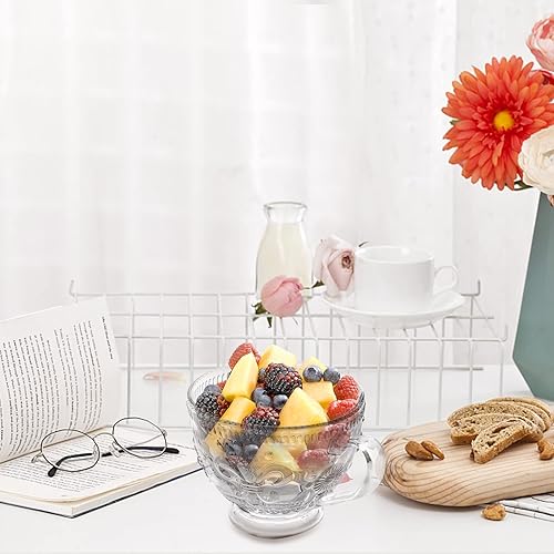 Miniatura 4 de Peohud Paquete de 4 tazas de café de vidrio, tazas de café vintage de 14 onzas con cucharas, tazas de té transparentes en relieve con asa para