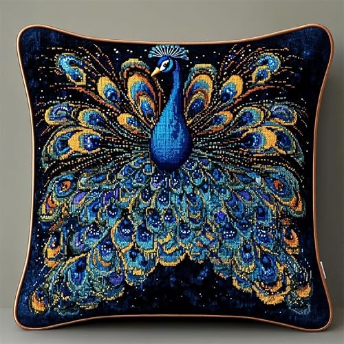 AMBATTERY Needlework Cushion Kit, Blue Peacock DIY Cross Stitch Cushion Kits Cross Stitch Kits for Adults 45X45cm Cushion Embroidery Kit 11ct Decoration Embroidery Pillow Case