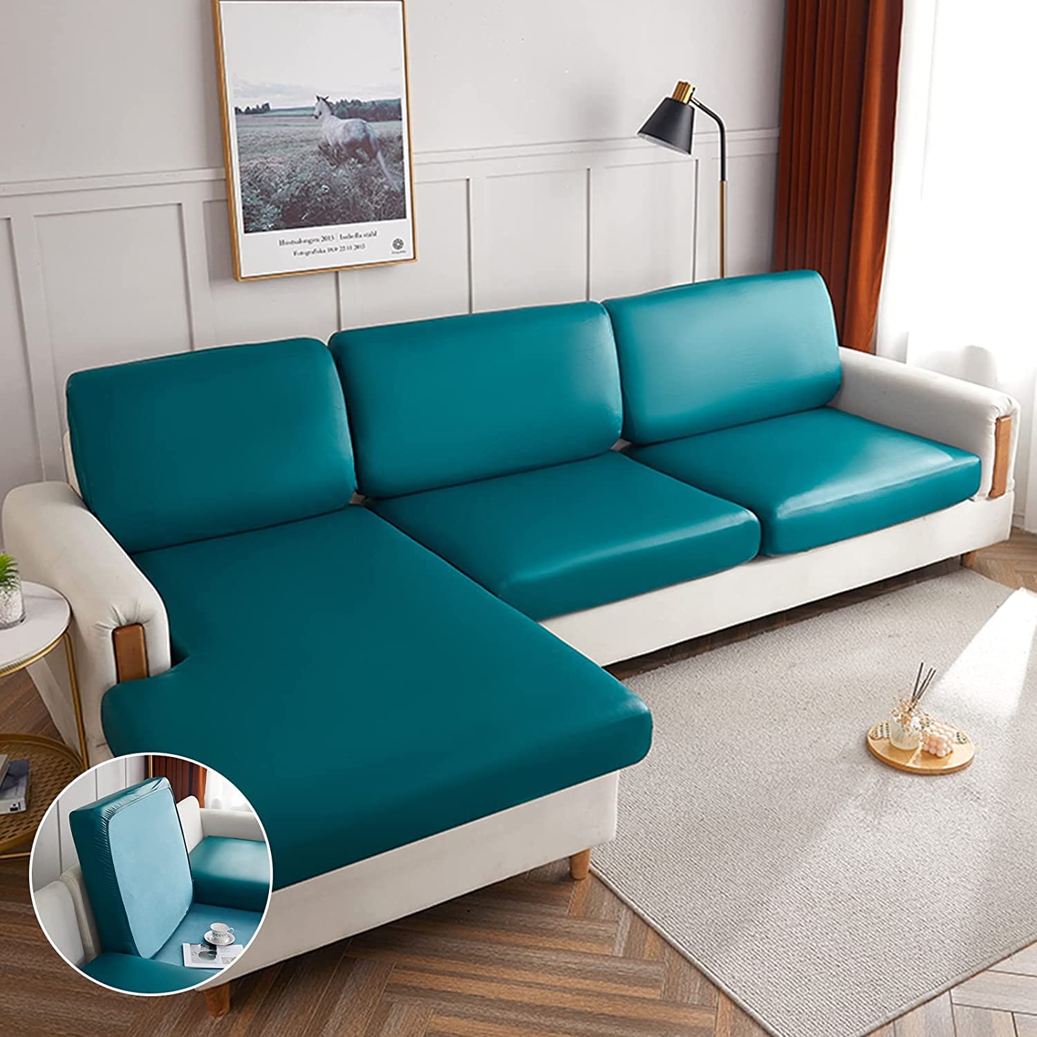 LINGKY Sofa Seat Cushion Cover, Stretch Waterproof Sofa Cushion Slipcover for Sectional Sofa, Universal Faux Leather Couch Cushion Covers Furniture Protector (Deep Teal,Chaise Lounge)