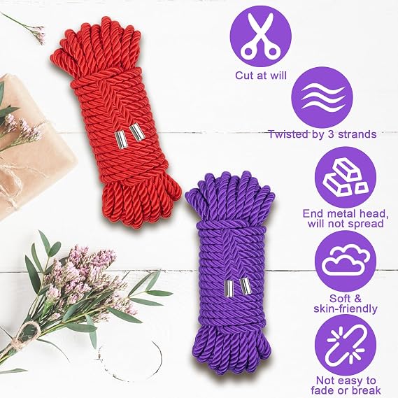 2-Pack Soft Silk Rope with Storage Bag, Twisted Trim Cord 32 Feet/7MM Rope Nylon Twisted Cord Trim Thread String Skin Friendly Rope Satin Shiny Cord Multi Color (Purple + Red, 10m)