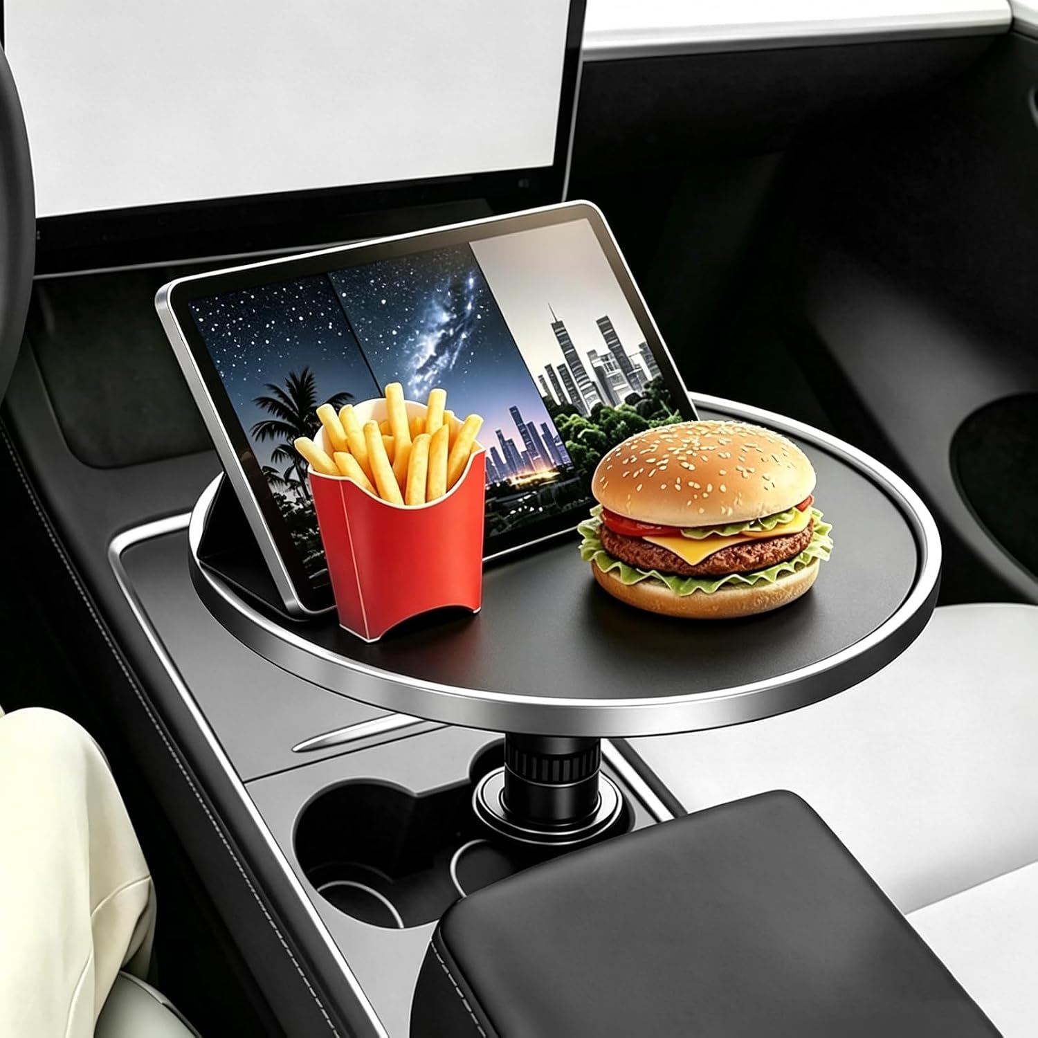 Round Car Desk Laptop Table, 360° Rotating Cup Holder Tray ABS Car Table Tray for Working & Eating, Car Accessories for Tesla Model Y/3/S, for Ford Explorer Maverick & Most Vehicles (Black)