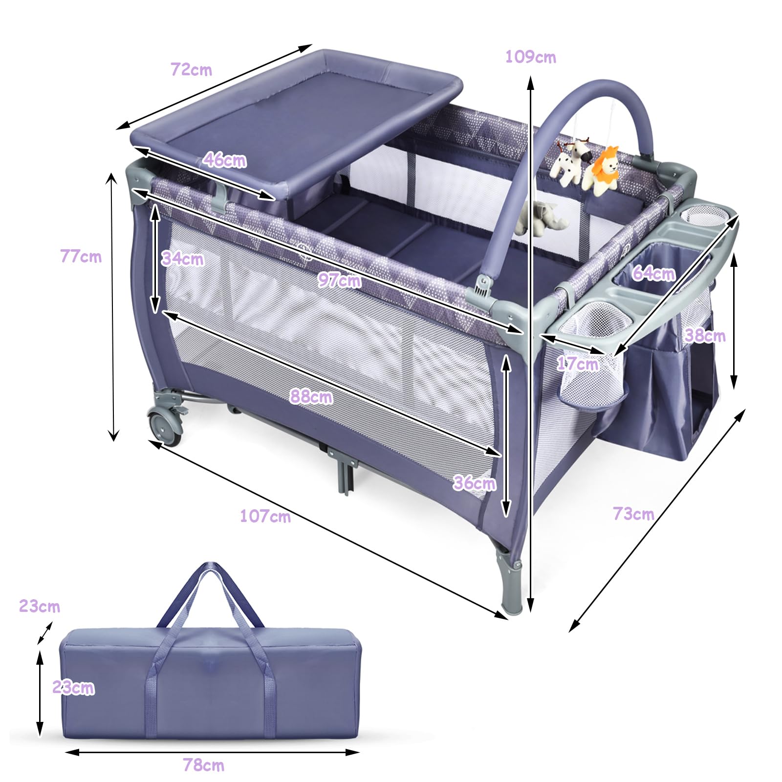 Maxmass 3 in 1 Baby Travel Cot, Foldable Bedside Crib with Changing Table, Hanging Toys, Wheel, Carry Bag, Infants Nursery Center Baby Cot Bed for 0-36 Months (Gray) — view 7