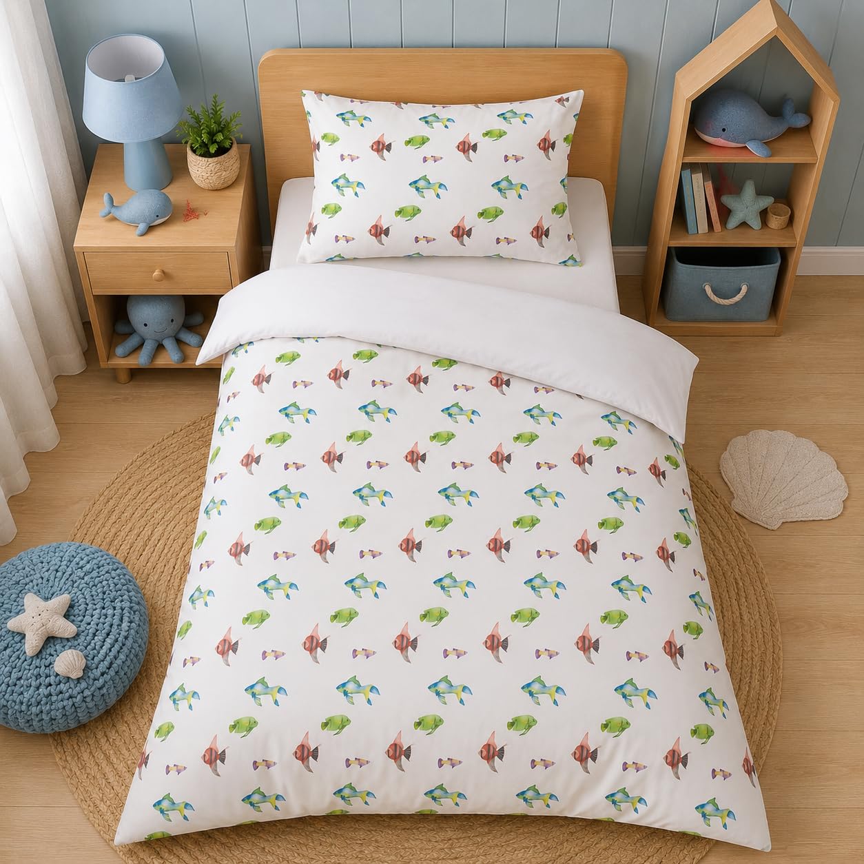 Snugoria Cot Bed Duvet Cover Set, Toddler Bedding Set for Junior/Toddler/Cot, 120×150 cm and Pillowcase 40x60 cm, bed duvet cover and pillow cover set fish — image 1