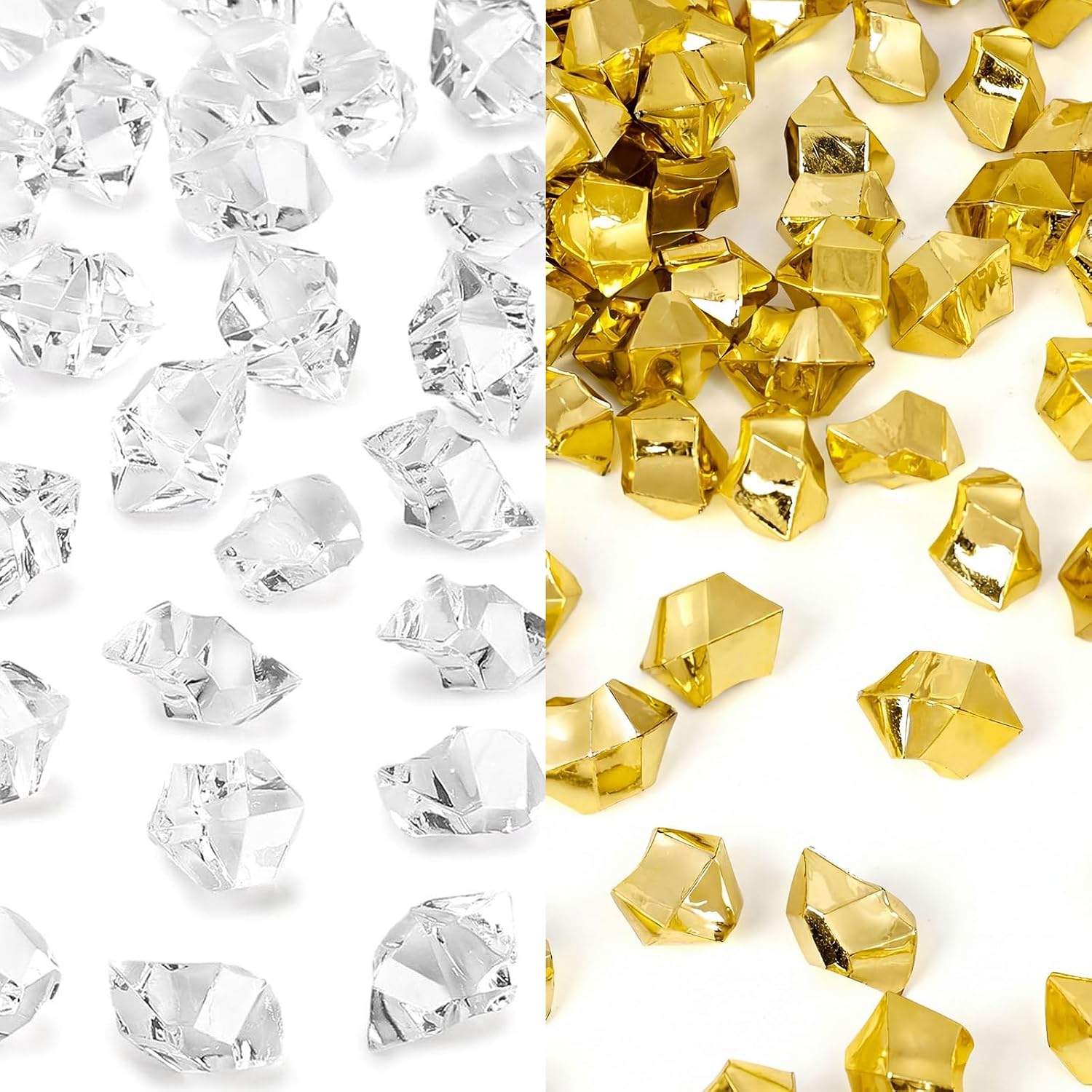 DomeStar 300PCS Clear and Gold Acrylic Ice Rocks Bundle, Assorted Fake Diamonds Nuggets Vase Fillers for Table Scatter, Decorative Plastic Stones for Party Display or DIY Craft