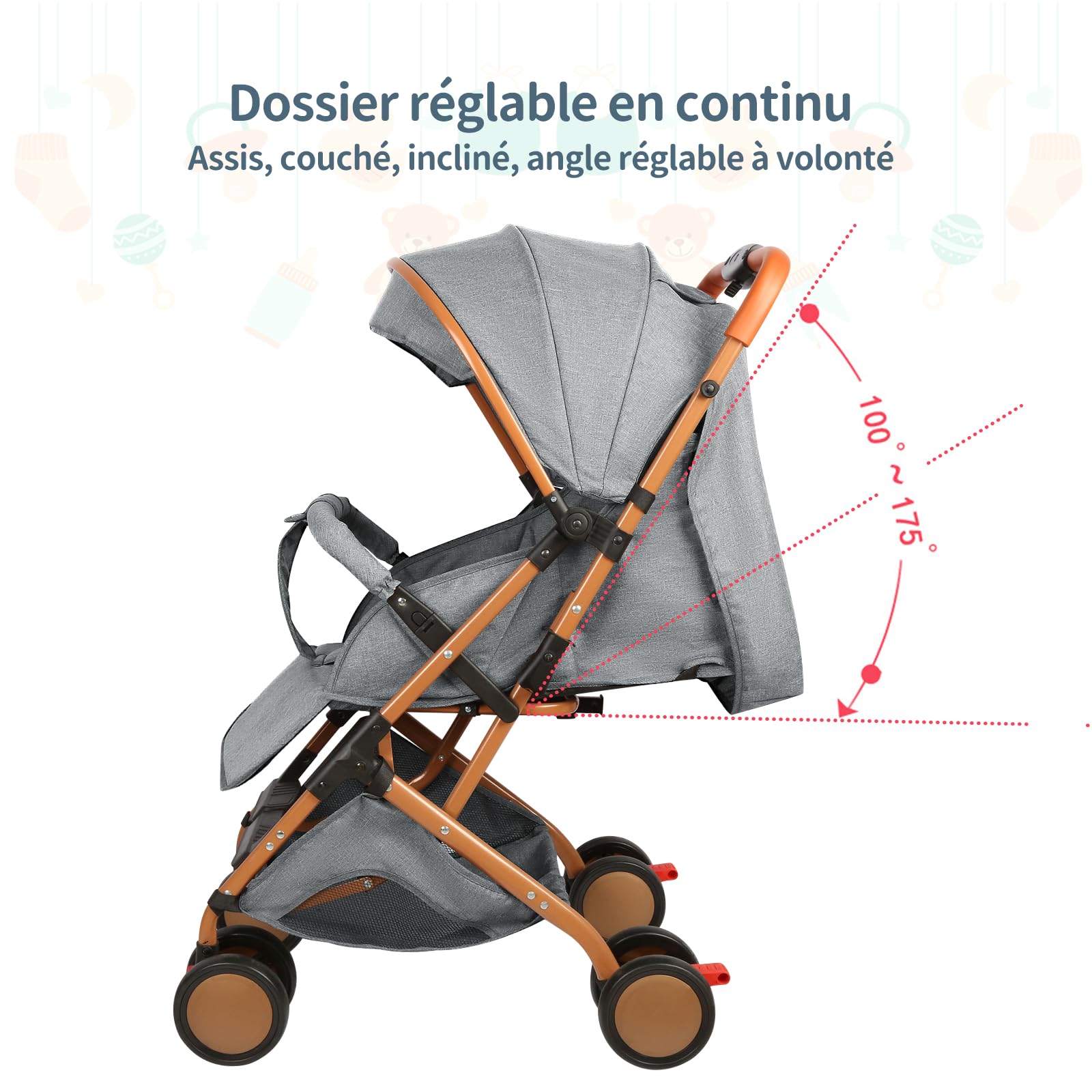 Passeggino Canne, 0-4 anni, 0-22 kg, passeggino leggero e compatto, schienale reclinabile, imbracatura a 5 punti, pieghevole Pousette da viaggio con baldacchino e zanzariera, ruote antiscivolo