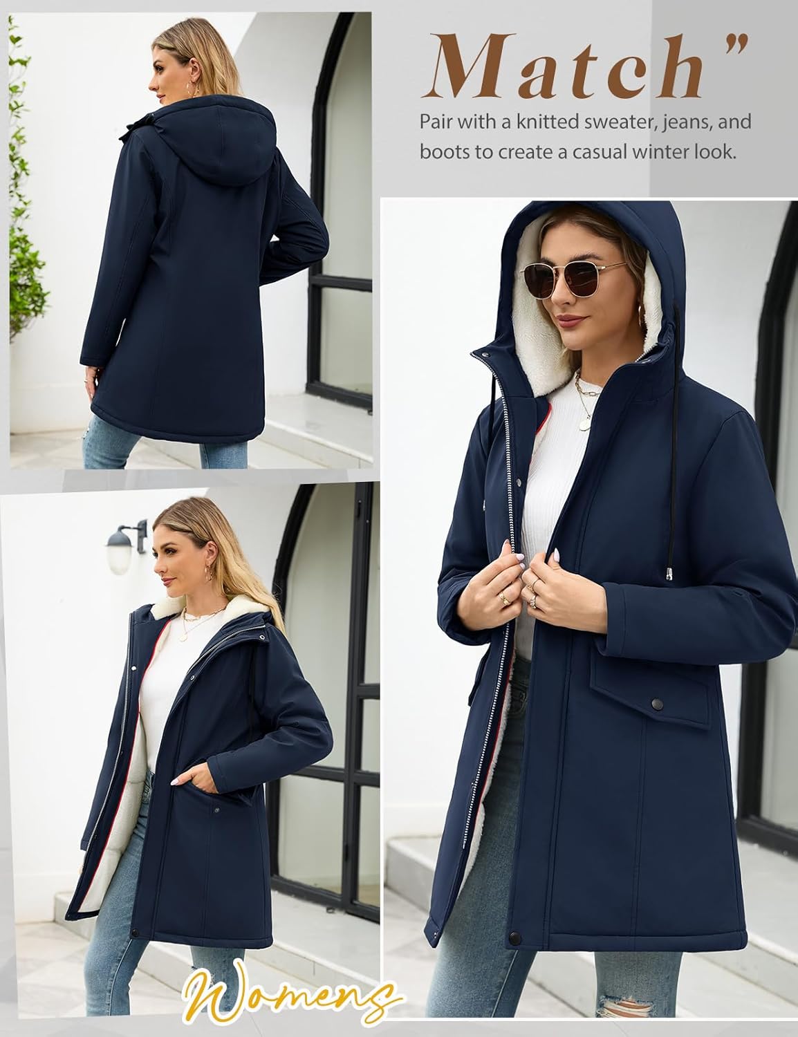 Women's Winter Rain Jackets Water-Repellent, Warm Fleece Lined Winter Rain Coats with Adjustable Hood & Hidden Pockets - Image 2