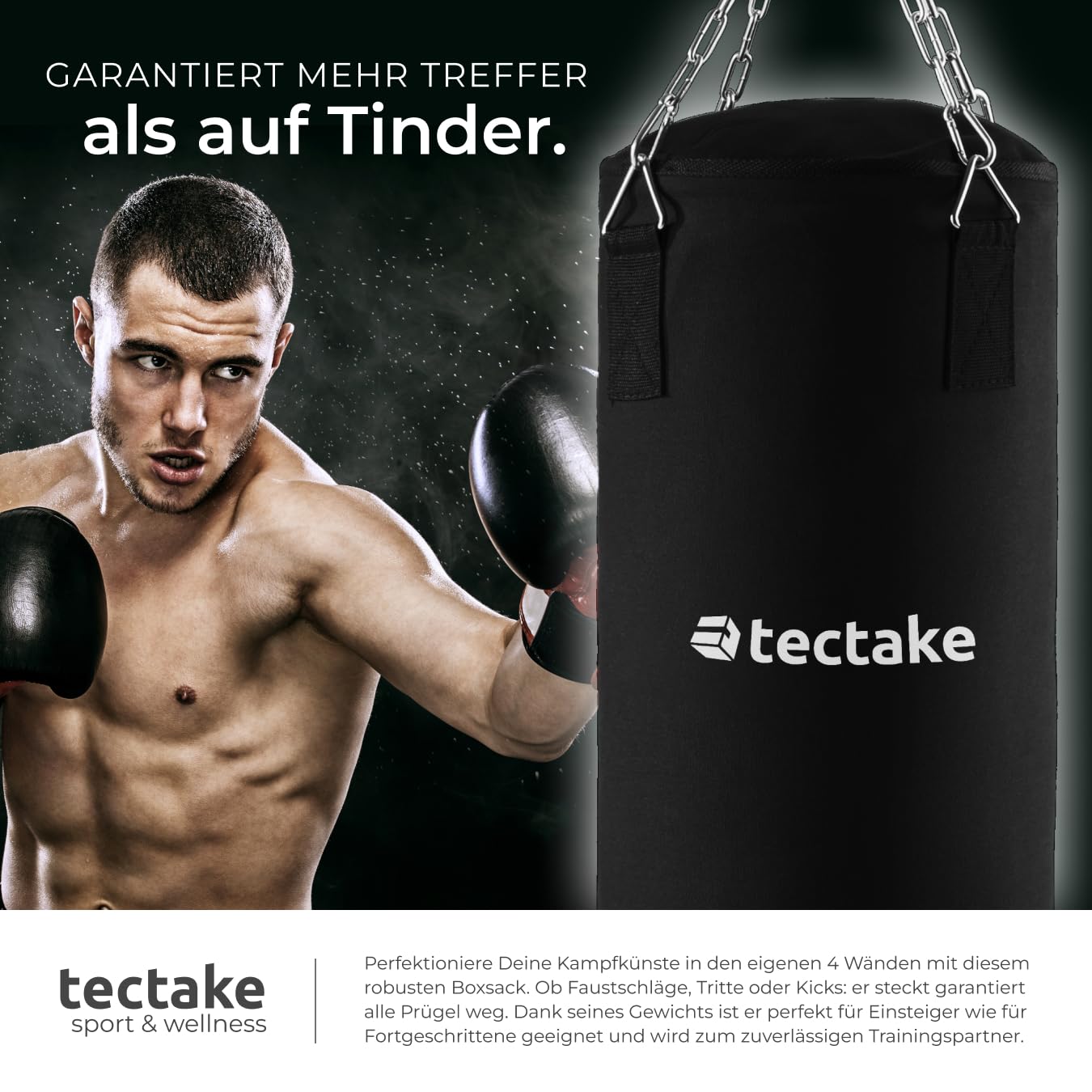 tectake® Boxsack für Zuhause, Sandsack gefüllt mit 25 kg, inkl. Boxsack Halterung 4-Punkt Stahlkette, Befestigungshaken und Drehwirbel, Fitnessgeräte für Zuhause, für Boxsport, Workout, 28 x 140 cm