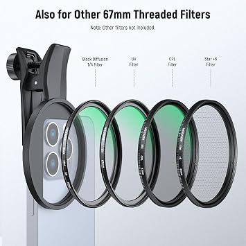 NEEWER 67mm Variable ND Filter Compatible with iPhone, Clip On ND2-32 Neutral Density Phone Lens Photography Accessories Kit Compatible with iPhone 16 15 Pro Max Plus 16e 14 13 mini 12, FL-B25