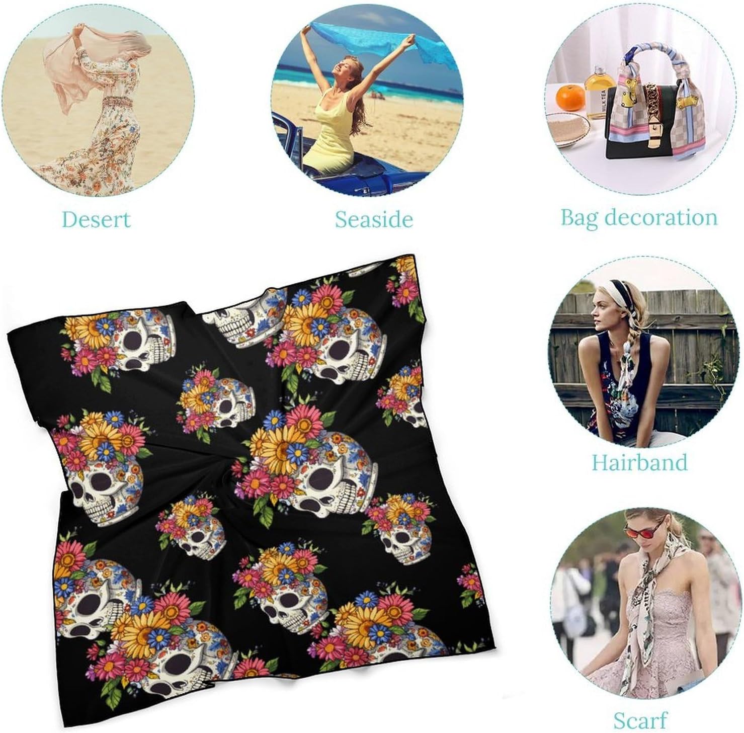 Flower Skull Bandana Fashion Head Scarf Square Silk Scarf Print Neck Hair Scarfs for Women Men Gifts