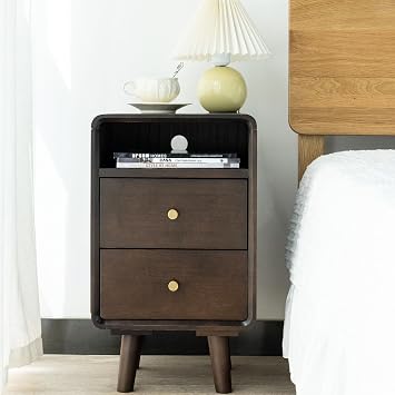Nightstand, Solid Wood Night Stand, Mid Century Modern Side Table, 2 Drawers End Table w/Storage, Bedside Tables for Bedroom, 13.8 W x 13.8 D x 23.2 H, Walnut